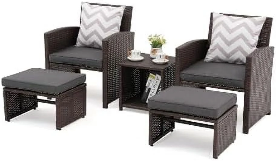 AYFDEGT 5 Pcs Patio Conversation Set Balcony  Set with Cushions  Brown Wicker Chair with Ottoman   Table for Backyard  Garden  Porch  Dark Grey