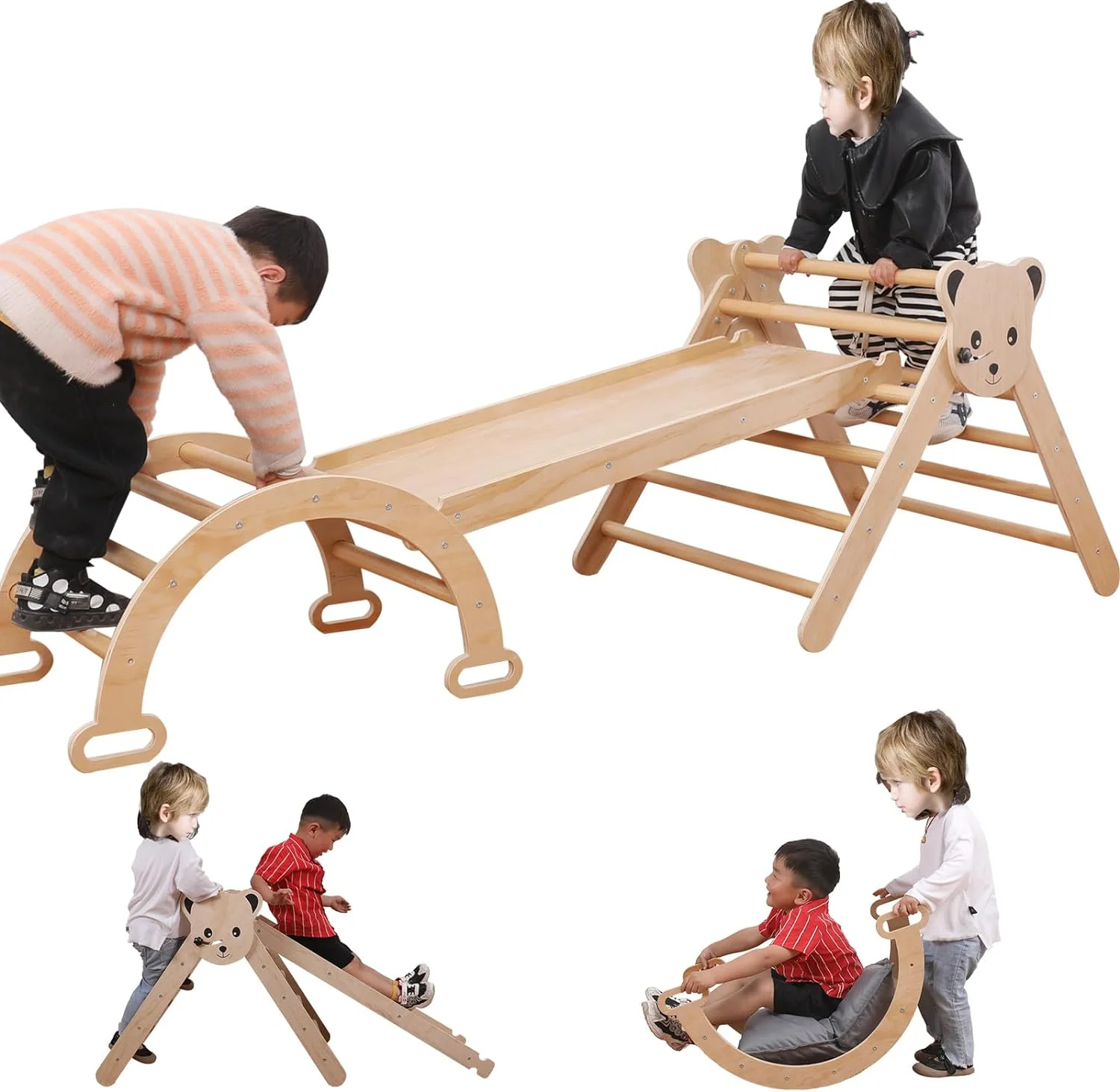 Pikler Triangle Climber with Ramp Slide Arch 5 in 1 Set, Foldable Wooden Montessori Toddler and Baby Climbing Toy,Indoor Playg Round Jungle Gym for Kids 1-6