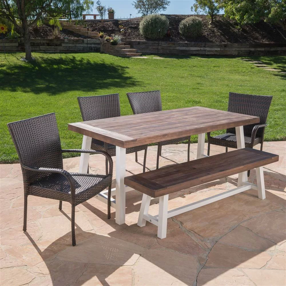 Anson Outdoor 6 Piece Stacking Wicker Dining Set with Acacia Wood Table and Bench, Sandblast Dark Brown, White Rustic Metal, Multibrown