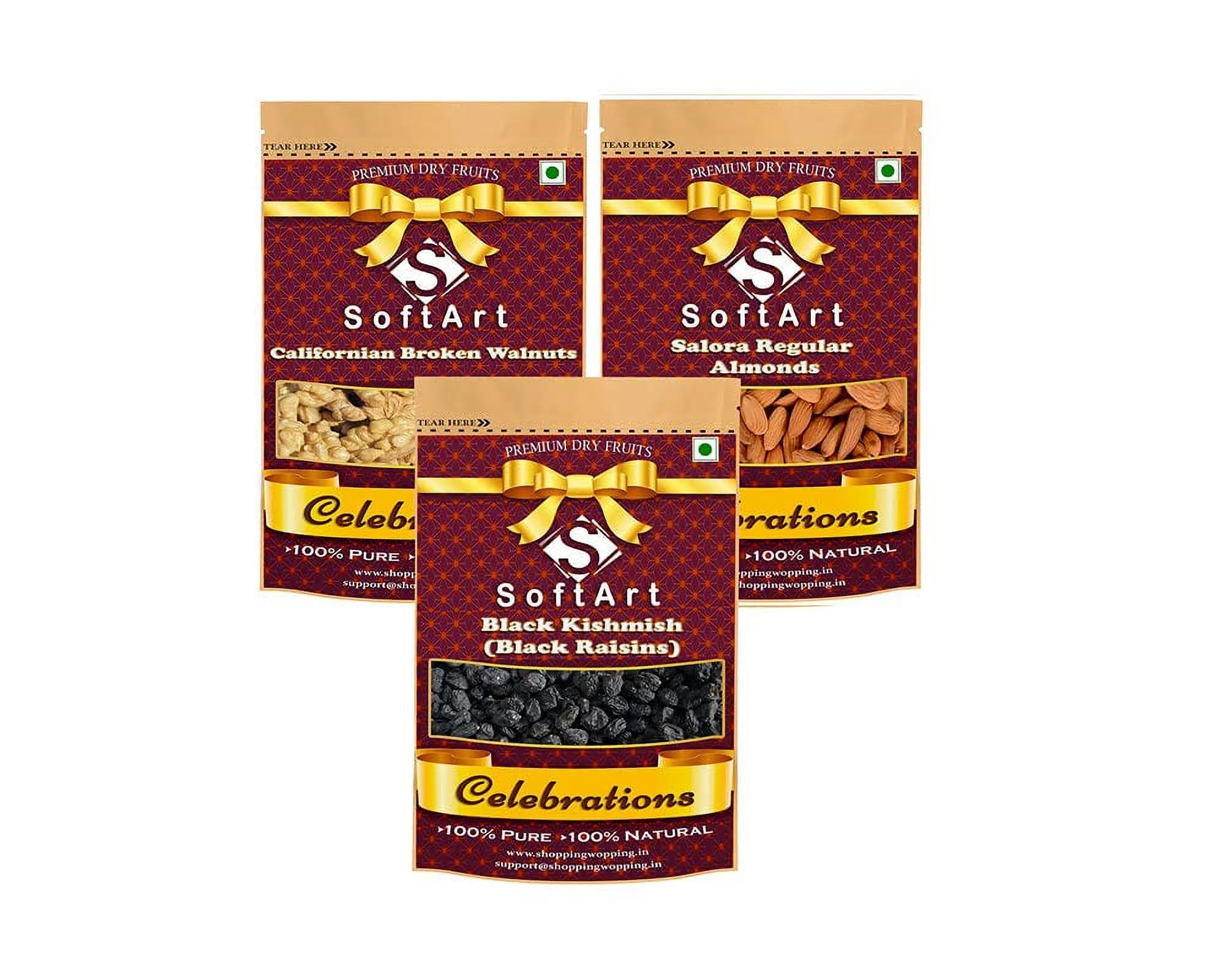 Dry Fruits Combo Of Broken Walnuts, Salora Regular Almonds & Black Kishmish (100G Each)