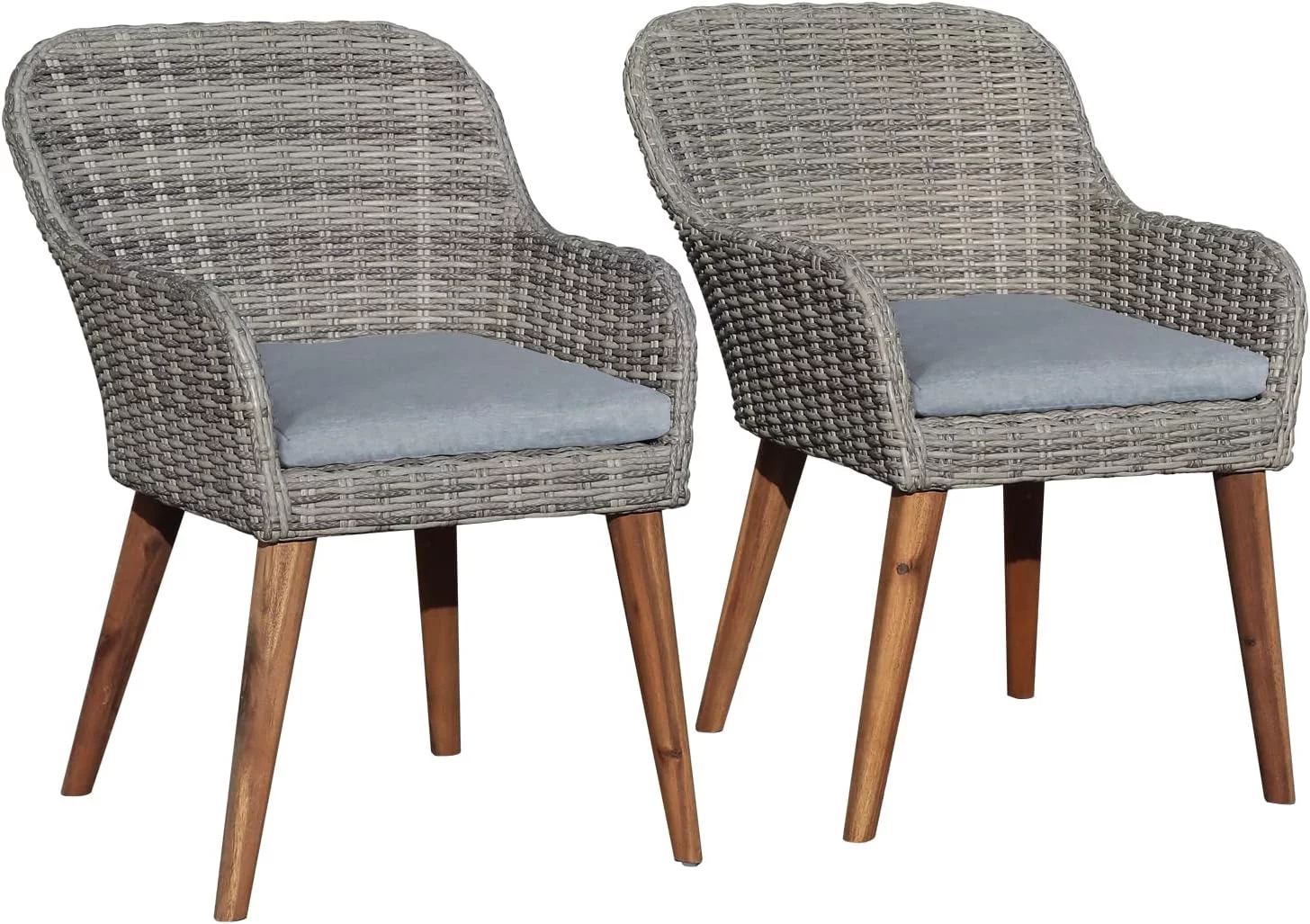 Elegant Elegant Dining Chairs Set of 2 with Wood Legs, Outdoor Rattan Wicker Chairs with Seat Cushions for Lawn, Deck, Porch, Balcony, Backyard and Garden, Grey