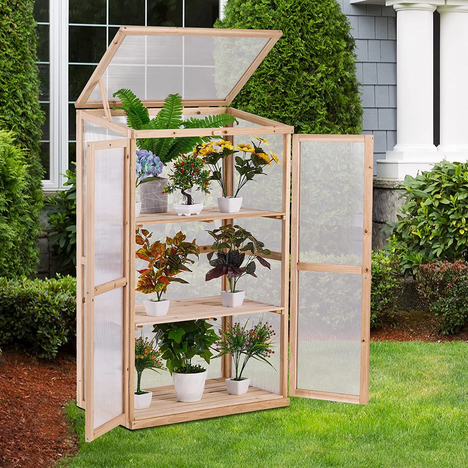 BIGTREE 3 Tiers Wood Cold Frame Greenhouse Nursery Vented Garden 27X19X47