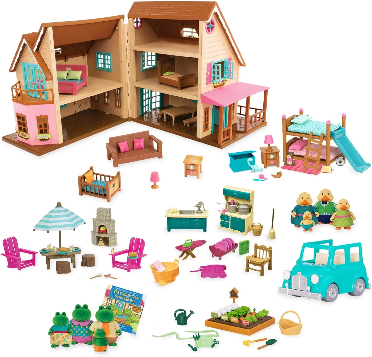 Li’l Woodzeez – Deluxe Honeysuckle Hillside Cottage - 123 Pcs Dollhouse Playset Including Furnitures, 8 Figures & More Accessories - Pretend Play for Ages 3+