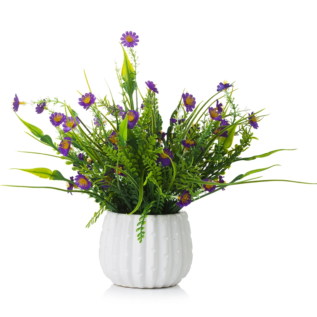 Enova Home Mixed Artificial Mini Silk Sunflowers Arrangement in White Ceramic Pot for Home Garden Decoration (Purple)