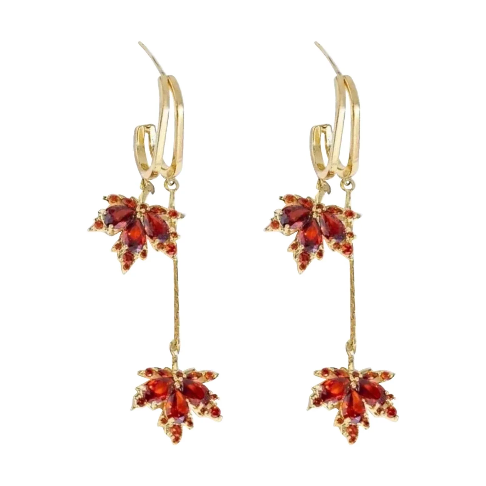 Red Crystal Maple Leaf Earrings Women's Silver Stud Earrings All Matchs Earrings