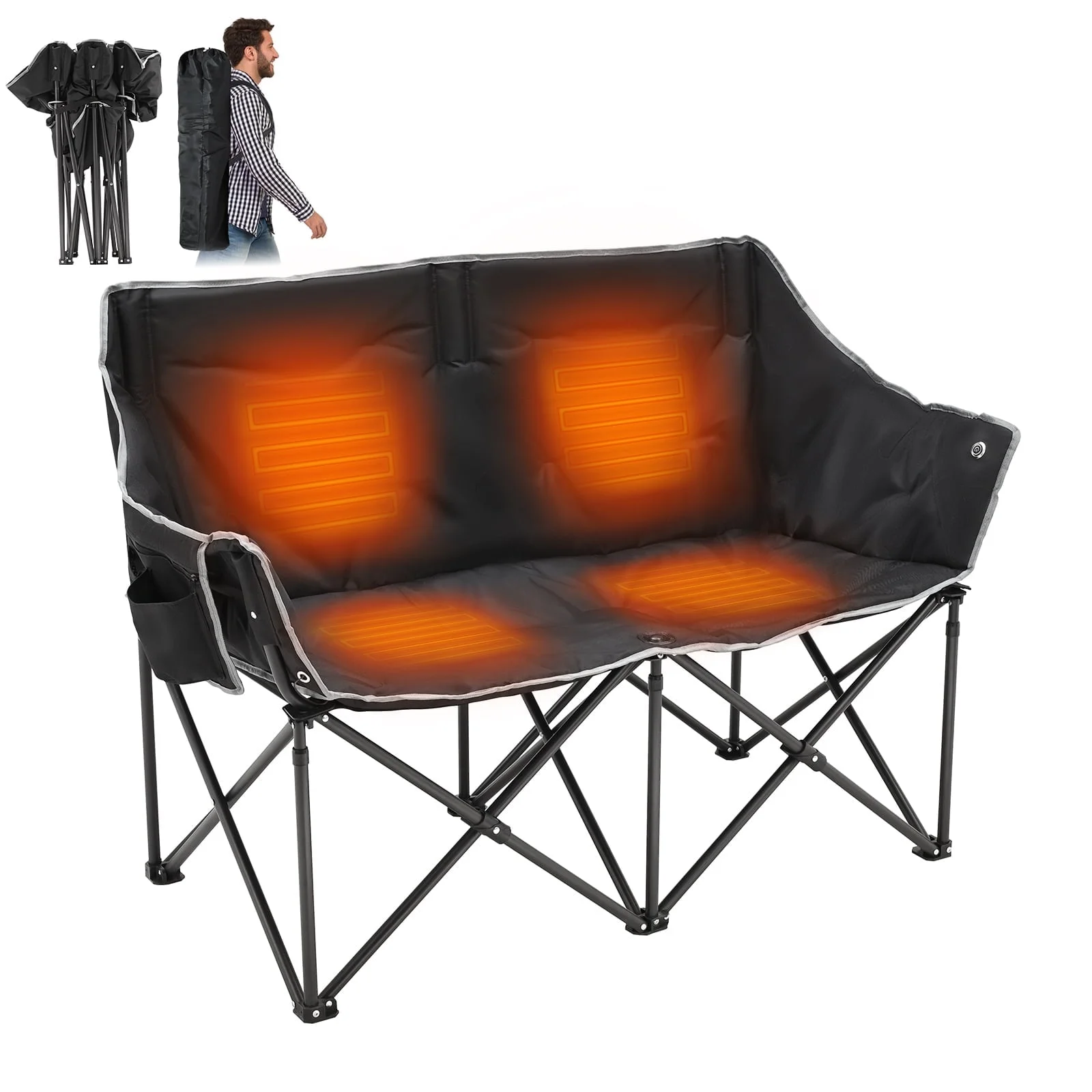 ABORON Heated Double Camping Chair - 2-Person Heated Folding Chairs for Outdoor Sports with 3 Heat Levels and 4 Heating Zones - Portable Heated Camping Chair Supports 550 lbs