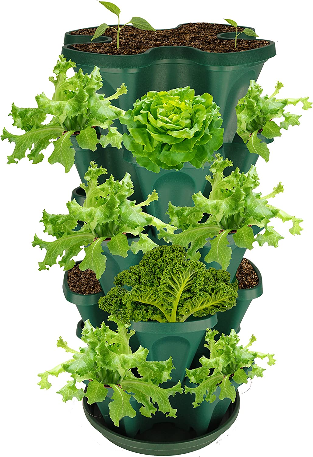 Strawberry and Herb Garden Planter - Stackable Gardening Pots with 10 Inch Saucer ( Green)