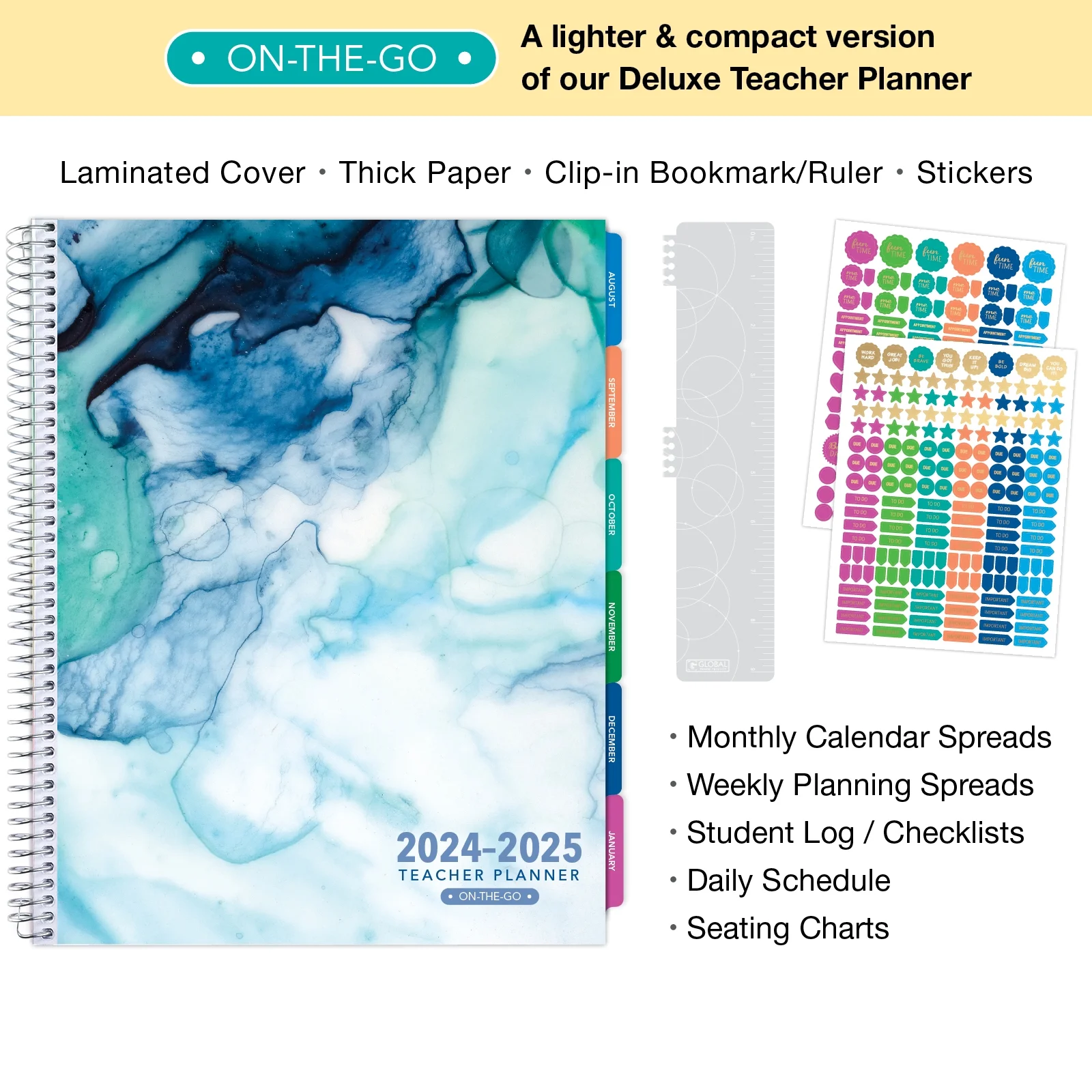 Aug 2024-Jul 2025 Lite Teacher Lesson Planner Notebook 8.5x11 Daily Weekly Monthly Organizers - Includes 7 Periods, Dated Calendar, Page Tabs, Bookmark, and Planning Stickers (Seaside Watercolors)