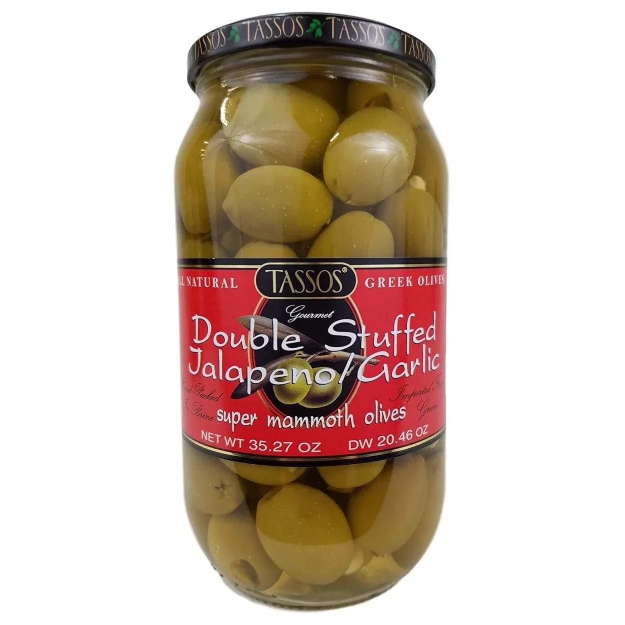 Tossos Tassos Double Stuffed Jalapeno-garlic Super Mammoth Greek Olives, 35.27 Oz