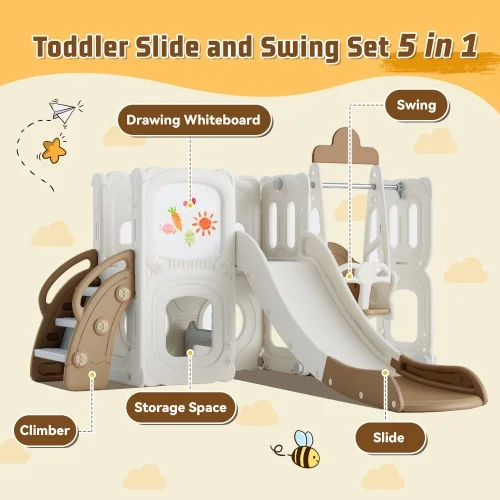 5 in 1 T oddler Slide and Swing Set, Kids Playground Climber Slide Playset with Drawing Whiteboard, Freestanding Combination for Babies