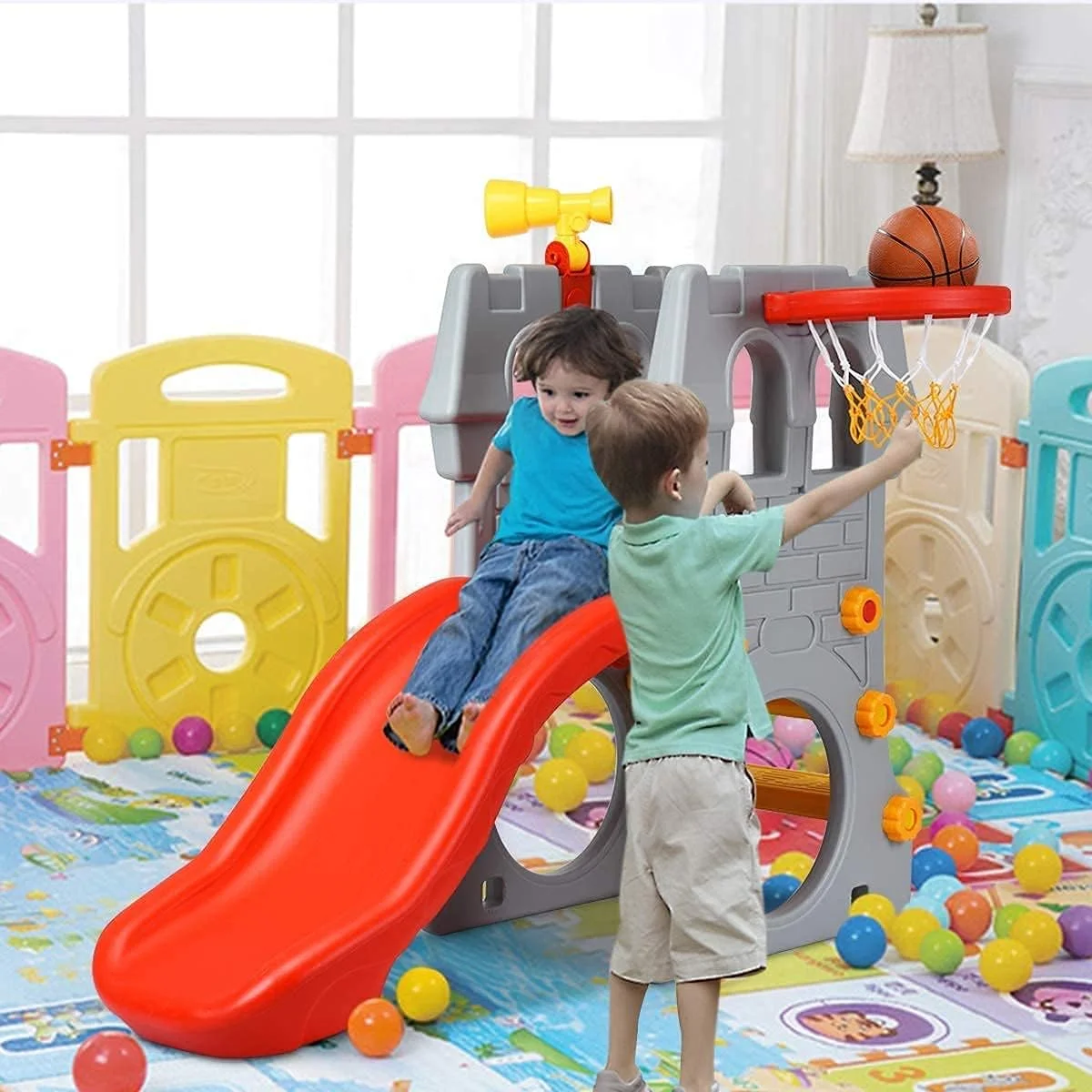 Toddler Slide, 5 in 1 Kids Climber Slide Playset w/Basketball Hoop, Telescope, Crawl Through Space, Easy Climb Stairs, Freestanding Slide Toddler Playground for Indoor and Outdoor