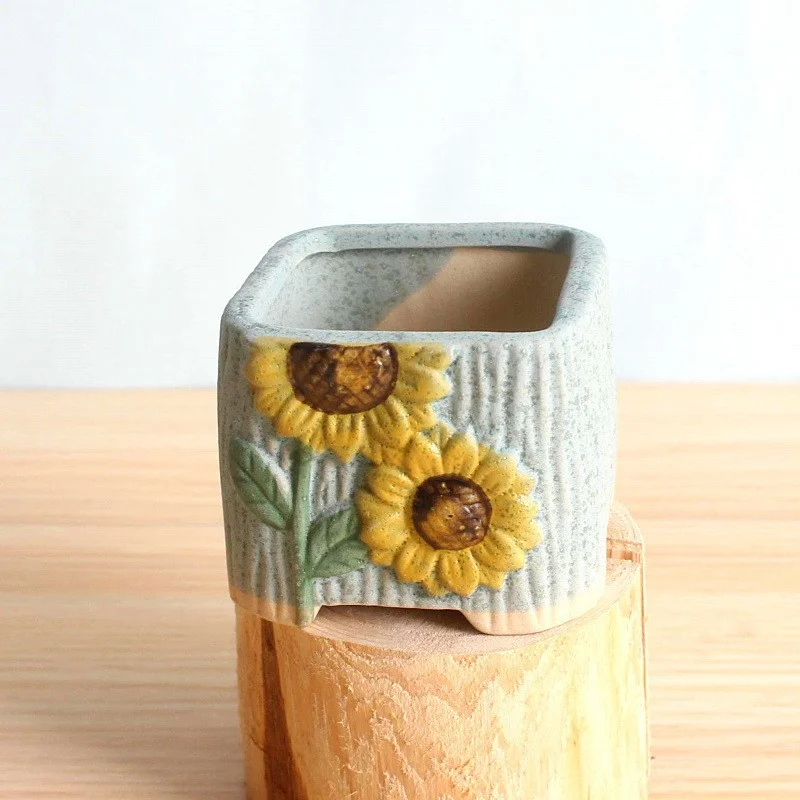 Ceramic Succulent Planter with Hand-Painted Sunflower Design