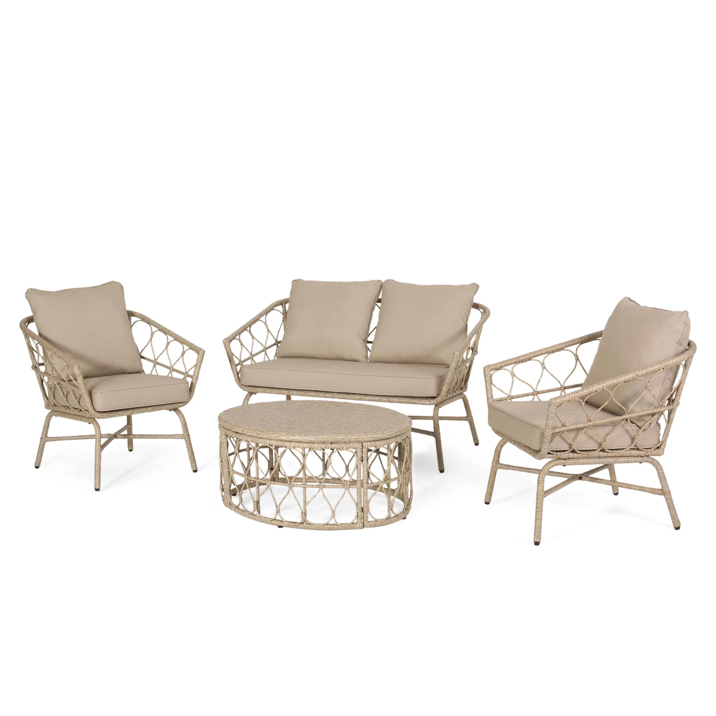 Montserrat Wicker Outdoor 4 Seater Chat Set with Cushions, Light Brown and Beige