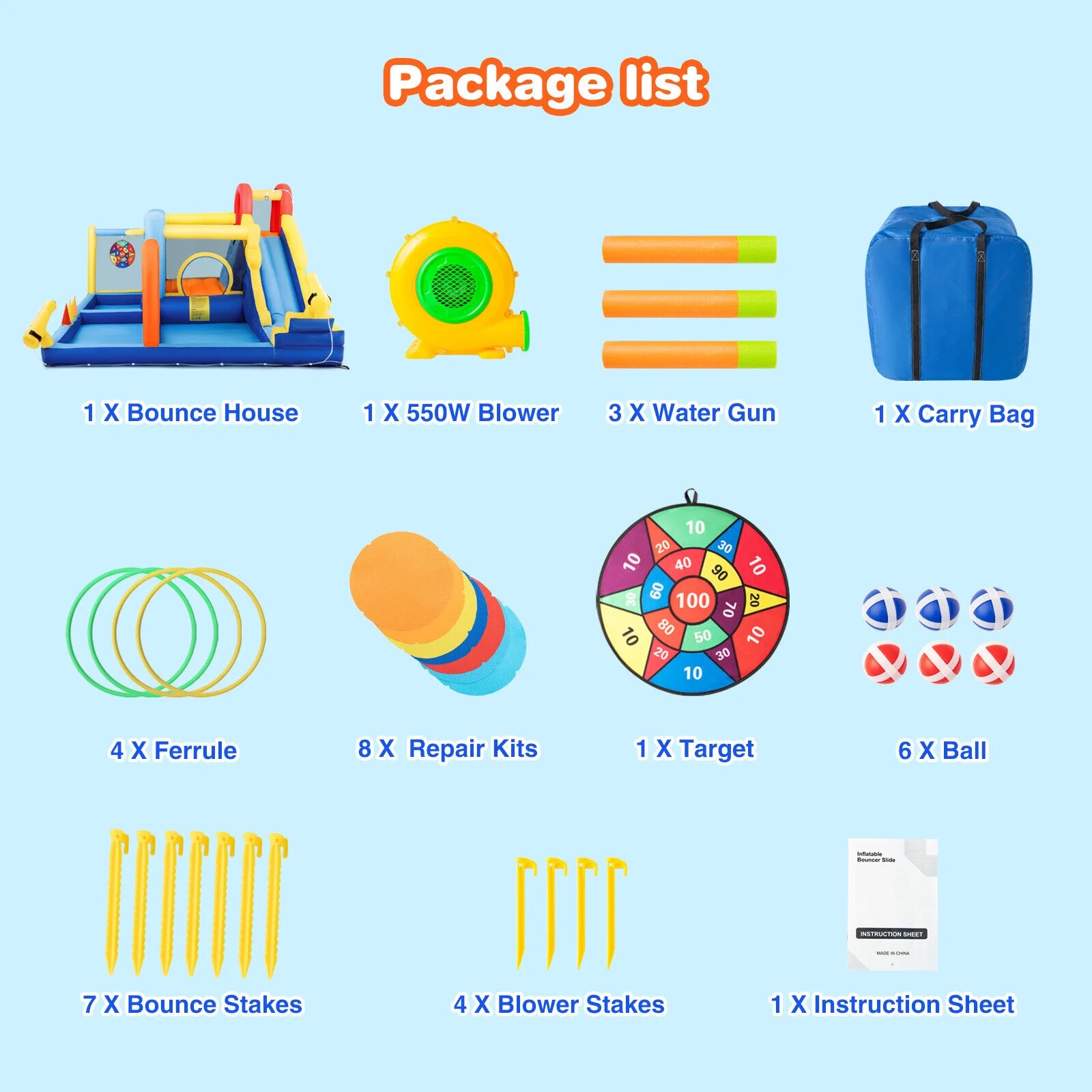 JOYLDIAS Inflatable Water Slide Bouncer Castle Kids Playhouse with Splash Pool, Climbing Wall, Trampoline, Felt Ball Target, Ring Toss Game, 550W Air Blower