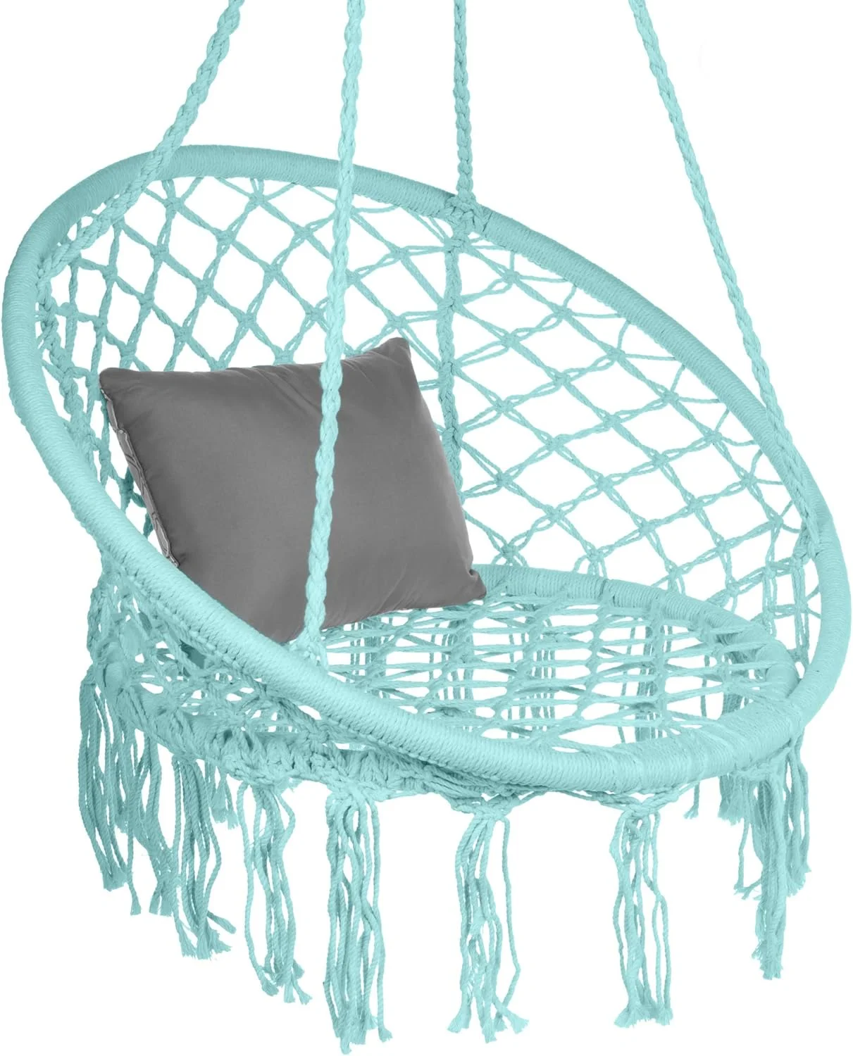 Handwoven Cotton Macramé Hammock Hanging Chair Swing for Indoor & Outdoor Use w/Backrest, Fringe Tassels, 265 Pound Capacity - Teal