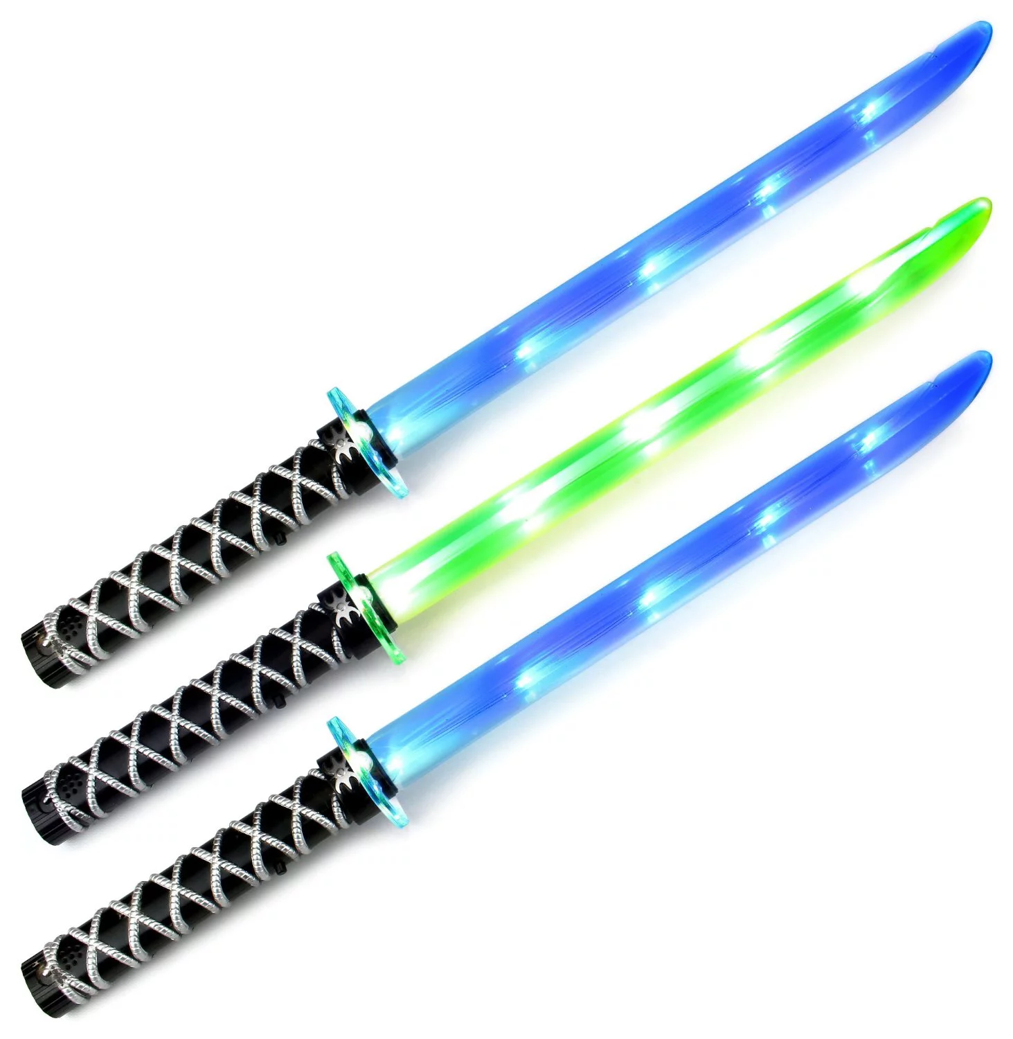 Set of 3 VT Ninja Samurai Katana Flashing LED & Clanging Sounds Party Favor Toy Light Up Sword Sabers (Colors May Vary)