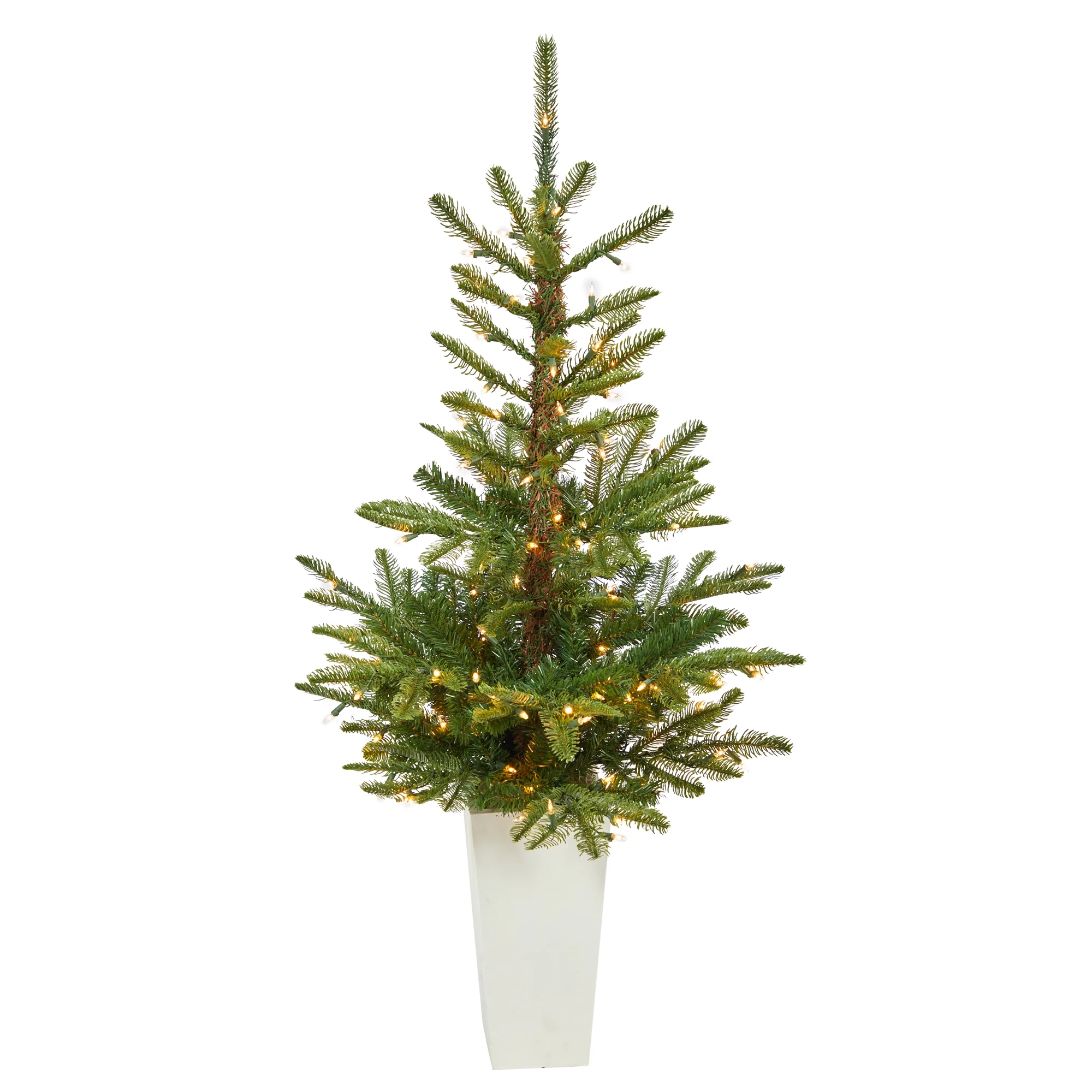Nearly Natural 4.5ft. Layered Washington Spruce Artificial Christmas Tree with 100 Clear LED Lights and 189 Bendable Branches in White Planter