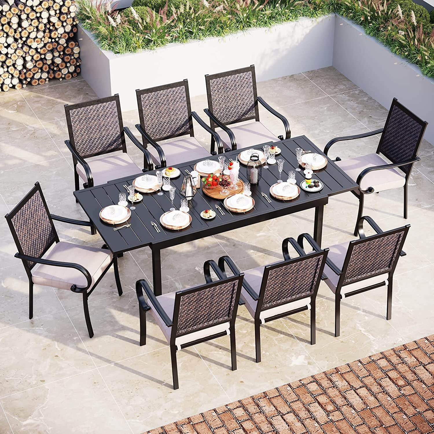 HOOOWOOO Outdoor Patio Furniture Set with Fire Pit Table 6 Pcs Steel Frame Wicker Patio Conversation Sets with Patio Sofa Chairs and Ottoman Gray