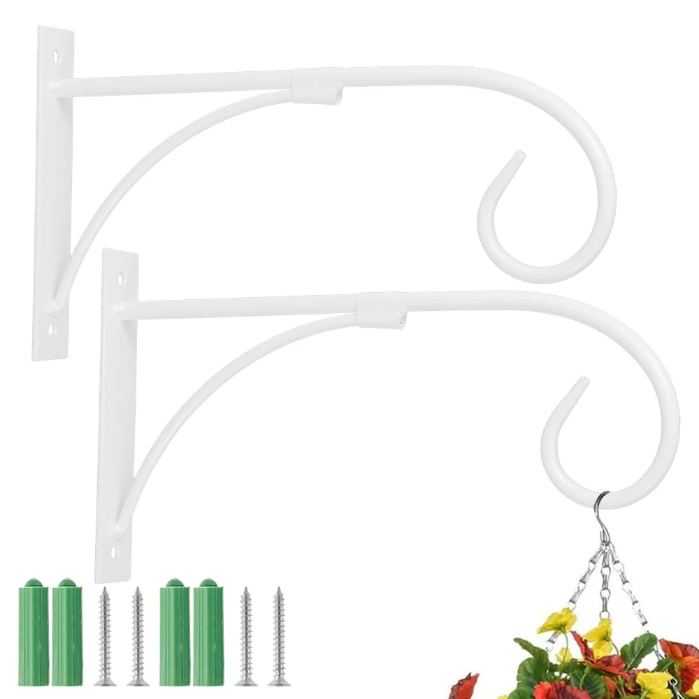 Pluokvzr 2X Heavy Duty Garden Metal Hanging Basket Brackets Plant Hanger Plant Hook Wall Decor White