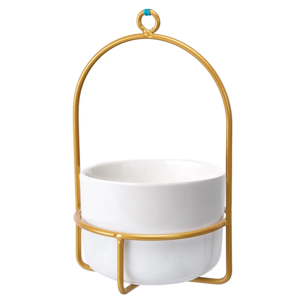 Gongxipen 1 Set Wall Hanging Flower Pot Iron Rack Ceramic Flowerpot Home Wall Hanging Decor for Home (Golden Frame, White Flowerpot)
