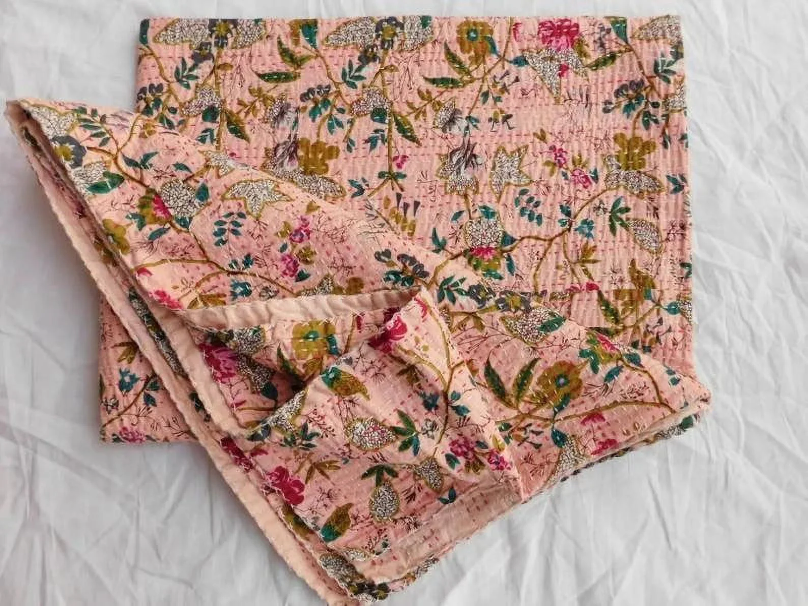 Indian Handmade Queen Cotton Kantha Quilt throw Blanket Bedspread Vintage Quilt