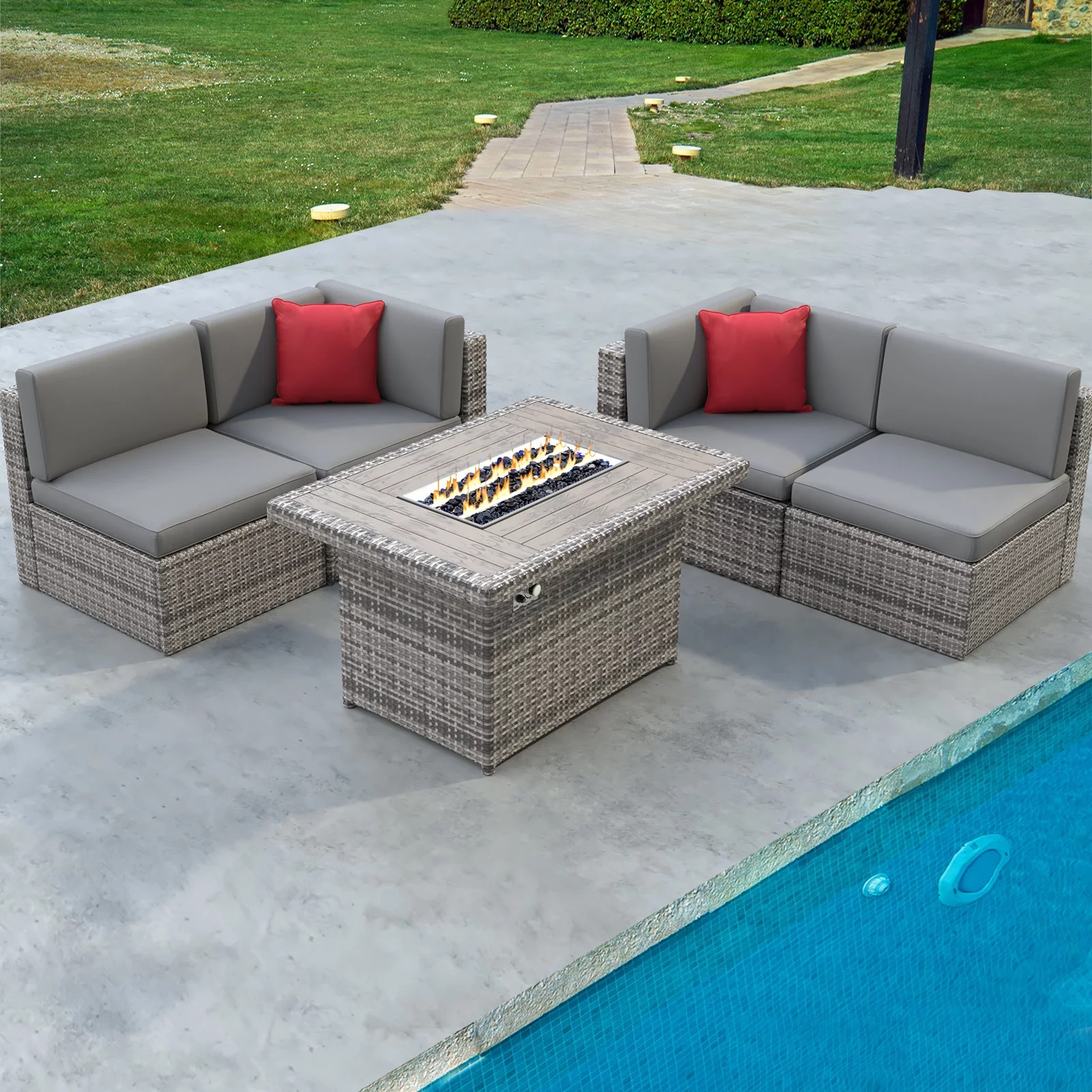 Sunmthink 5 Pcs Patio Furniture Sets with Fire Pit Table, Grey