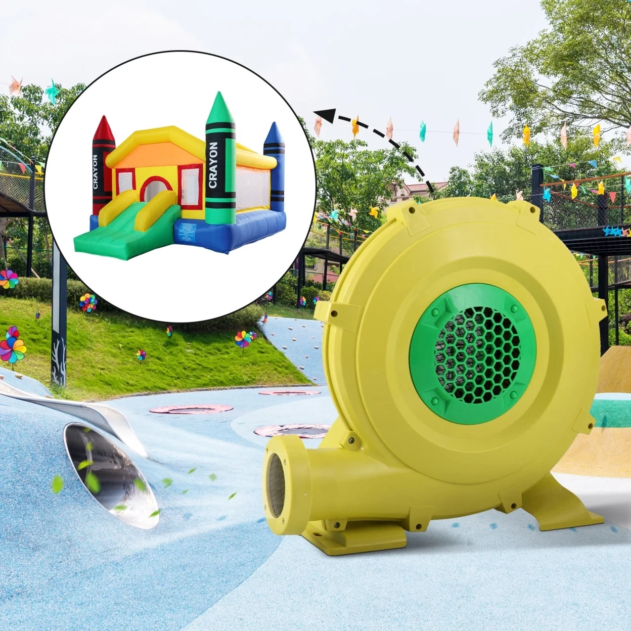 Outdoor Indoor Air Blower, Pump Fan for Inflatable Bounce Castle, Water Slides, Safe, Portable - Yellow and Green