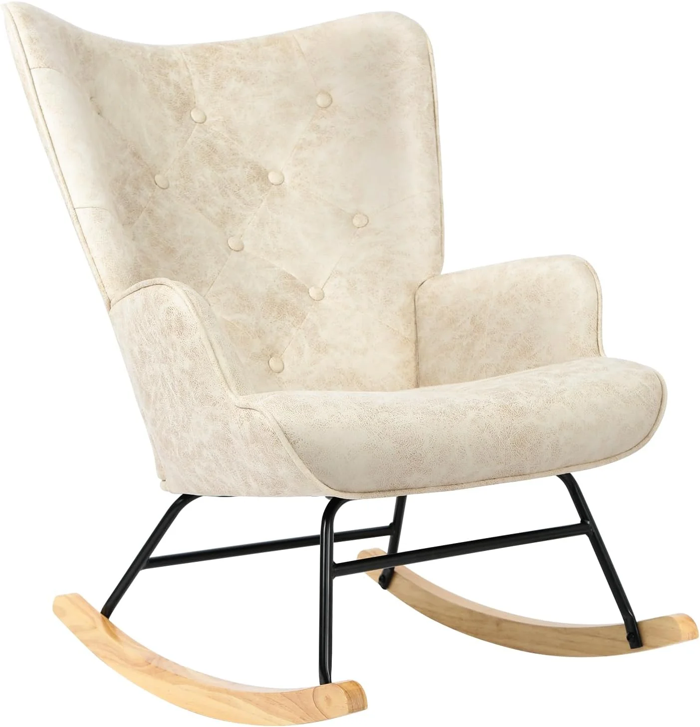 SQWERD Rocker Glider Chair Modern Nursery Rocking Chair PU Leather  with Wooden Base High Backrest and Armrests Padded Seat Comfy Upholstered  Chair   Room Bedroom Office Brown