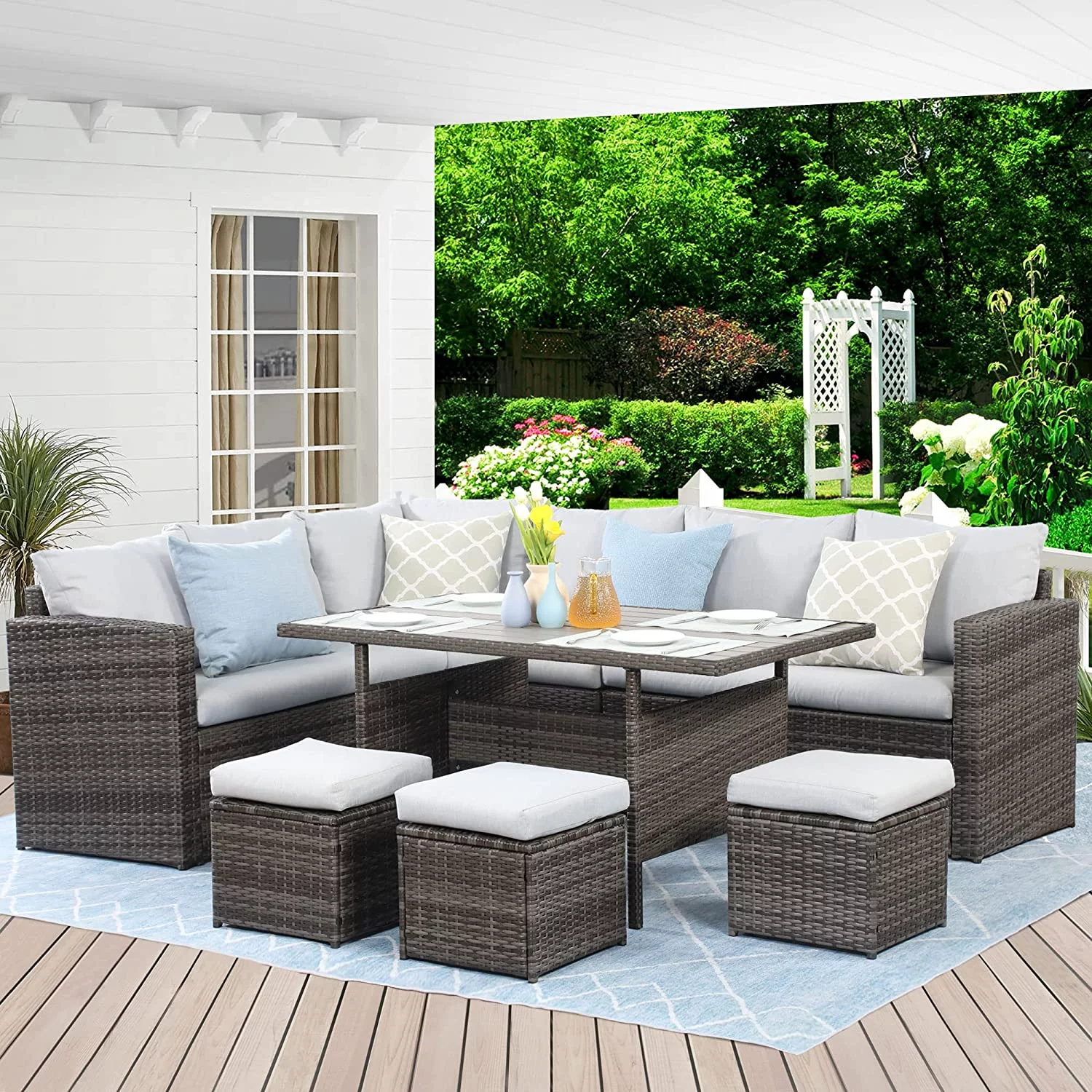 Lane Outdoor Patio Furniture Set  7 Piece Outdoor Dining Sectional Sofa with Dining Table and Chair  All Weather Wicker Conversation Set with Ottoman  Grey