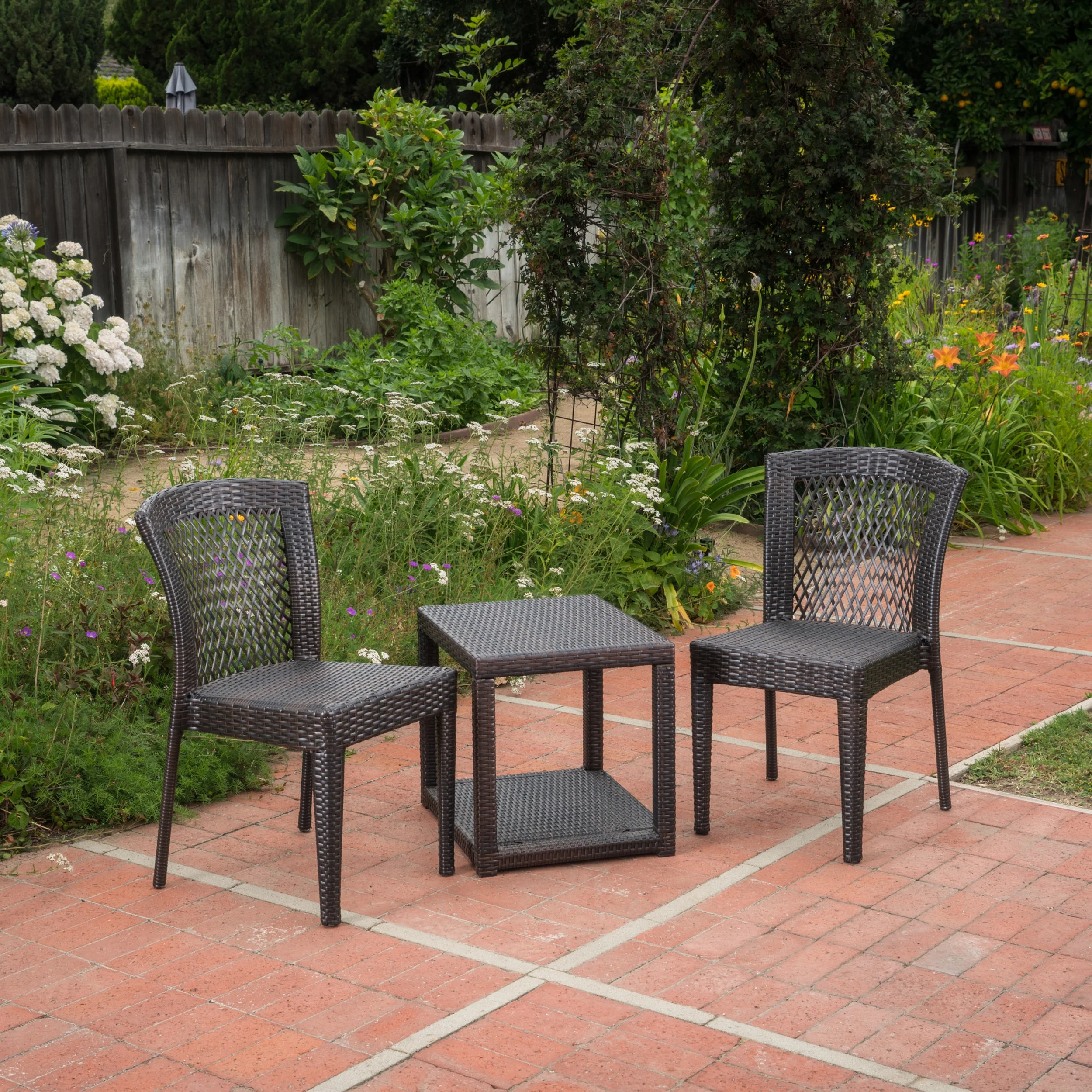 Ava Outdoor 3 Piece Wicker Stacking Chair Chat Set, Multibrown