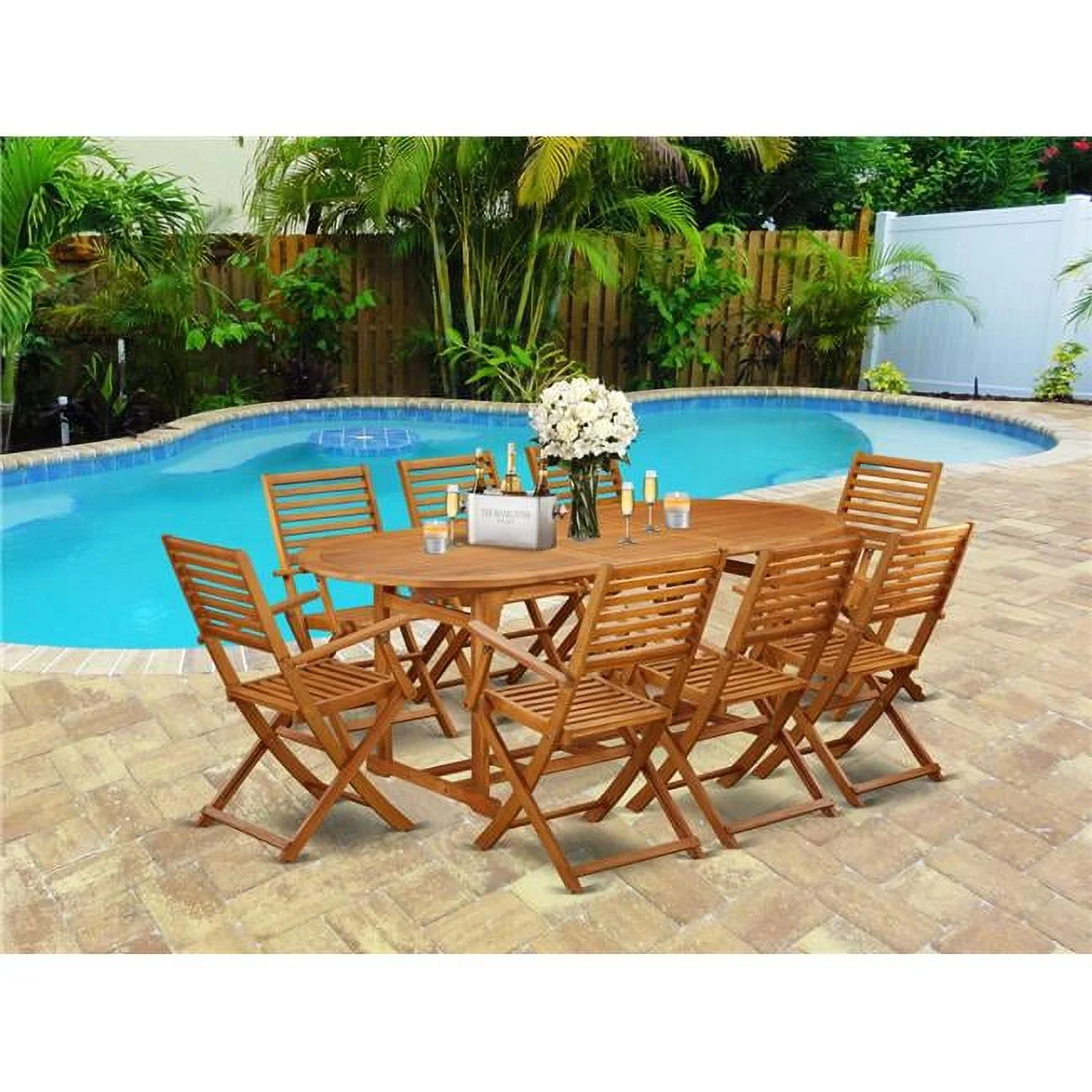 East West Furniture  9 Piece Beasley Acacia Solid Wood Outside Patio Furniture Set - Natural Oil