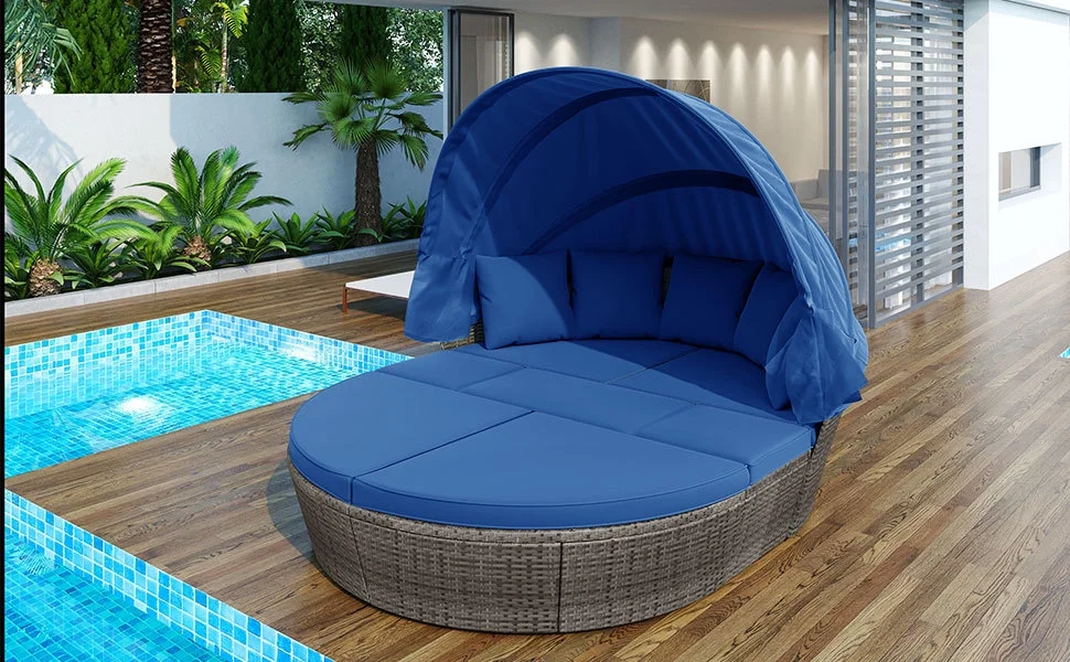 Blue GO Outdoor rattan daybed sunbed with retractable canopy and washable cushions  Gray wicker furniture sectional sofa set with clamshell seating for backyard or porch enjoyment.