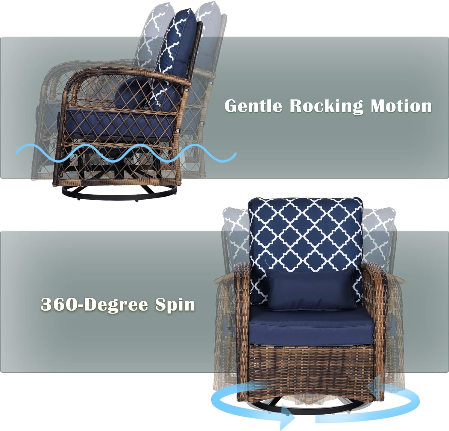 Dina 5 PCS Outdoor Swivel Rocker Rattan Chairs 360 Degree Patio Bistro Set with Thickened Cushions&Coffee Table  Porch Wicker Furniture Set with 2 Ottoman for Backyard  Balcony Blue