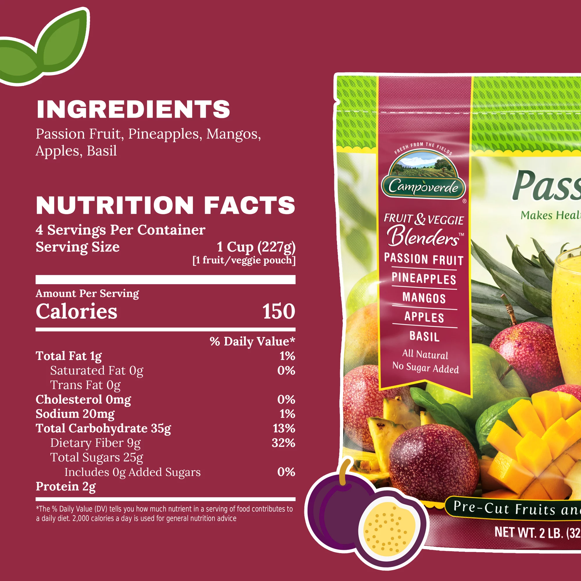 Campoverde Frozen Fruit & Veggie Smoothie 4 Pack, Passion Bliss 32oz Bag with Passion Fruit