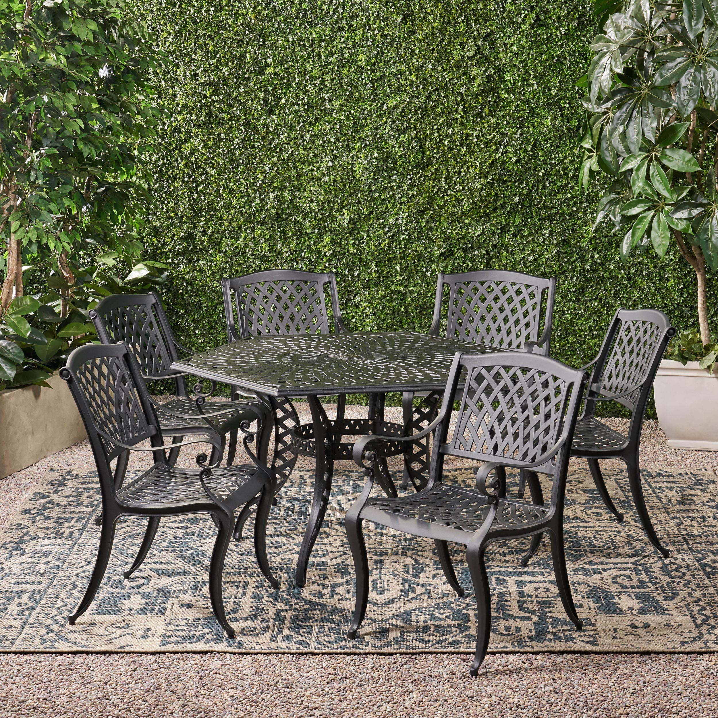 Holliday 7-piece Cast Aluminum Outdoor Dining Set, Black Sand