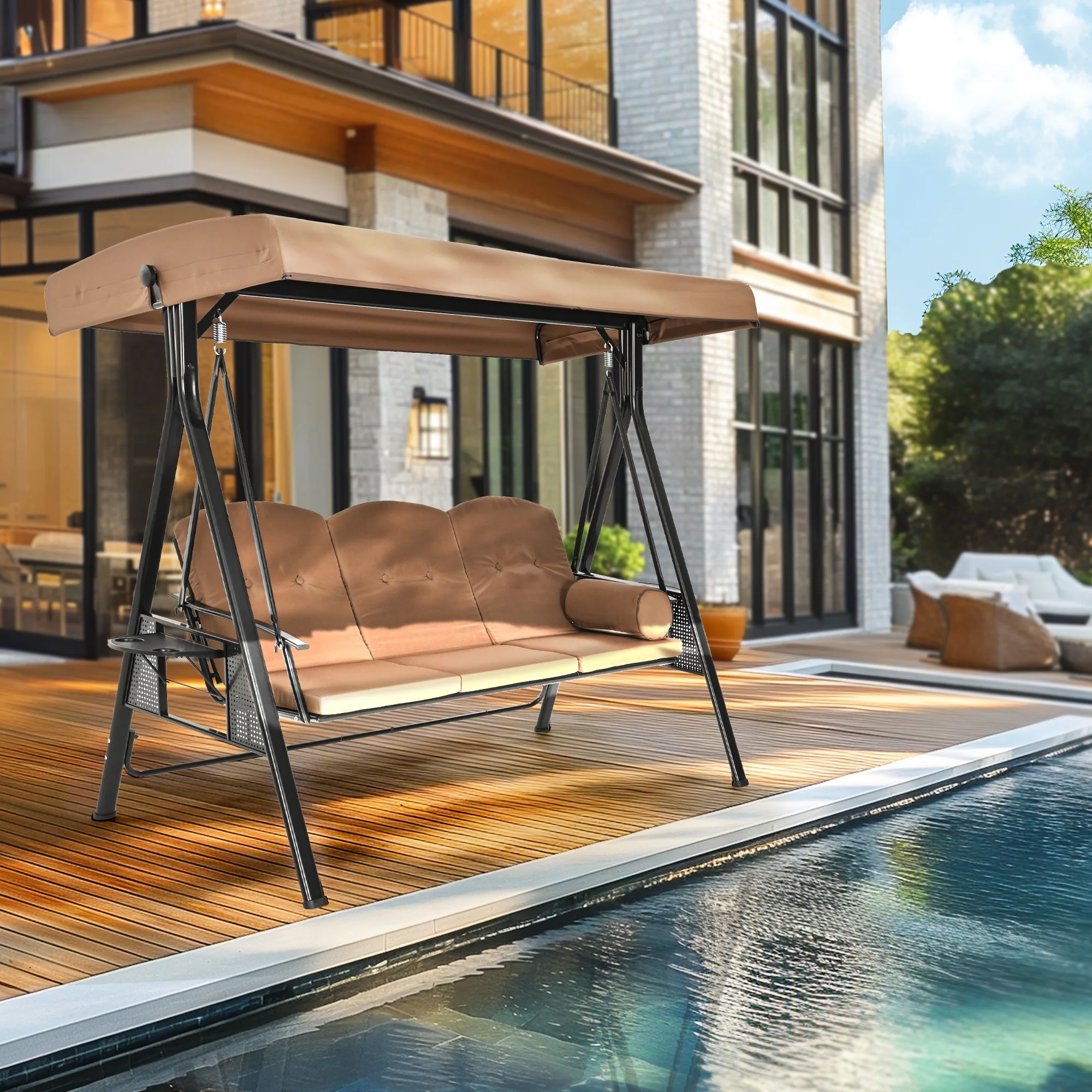 3-Person Brown Metal Patio Swing with Canopy and Cushions