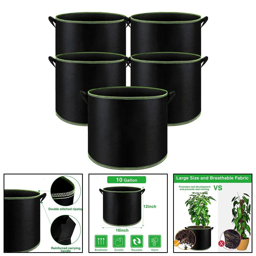 5 Pack Fabric Grow Pots Round Aeration Plant Pots Grow Bags 3-15 Gallon Black