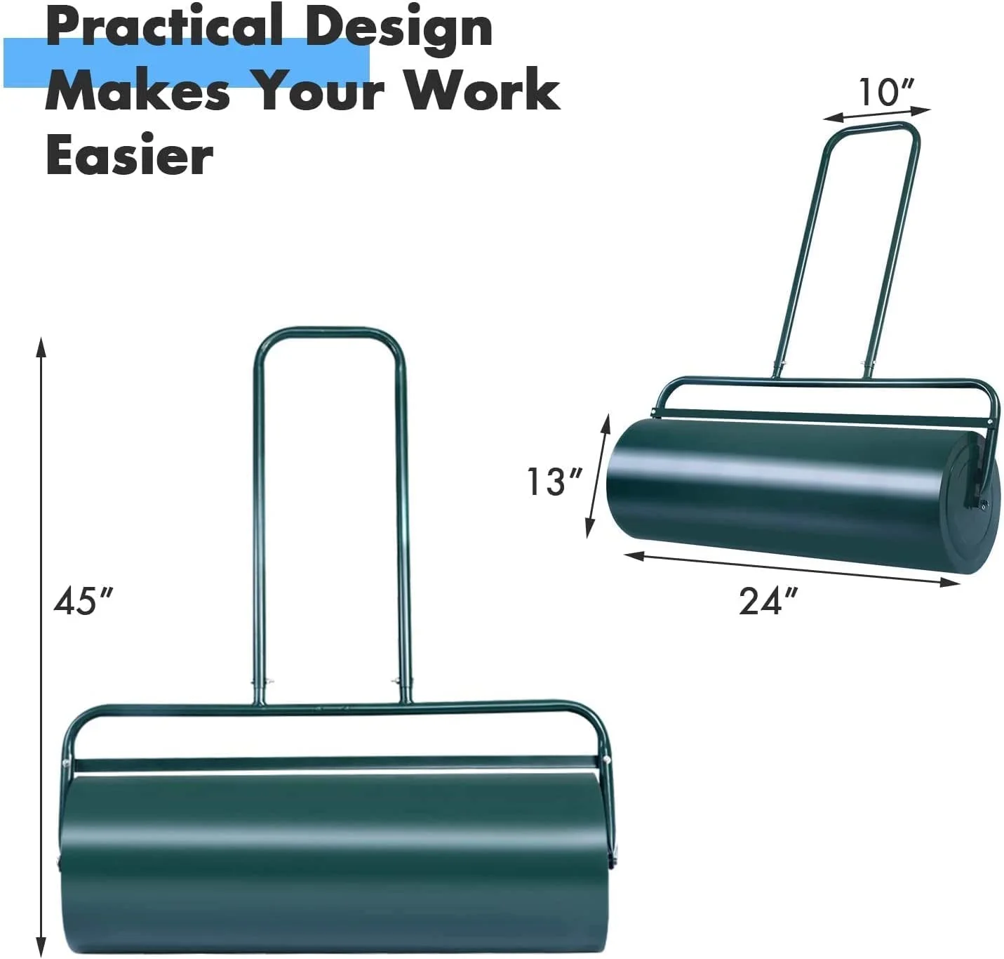 Lawn Roller, 13 Gallons/48 L Push/Pull Steel Sod Roller w/Ergonomic Handle, Lawn Rollers Tow Behind Water Filled for Park, Garden, Yard, Ball Field (24