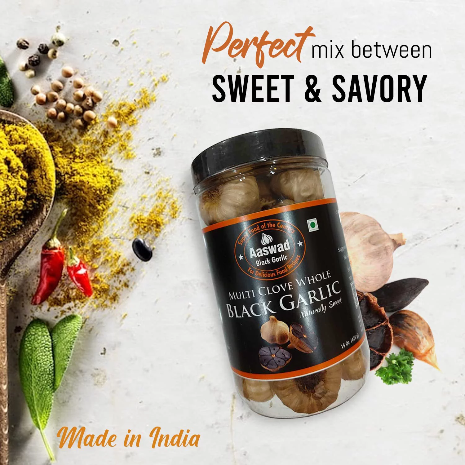 Multi Clove Black Garlic 425 Grams / 15 oz  also known as Fermeted garlic or Aged garlic. Unpeeled Whole garlic by Aaswad Impex