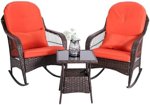 HYHBIBOOM 3PCS Wicker Patio  Outdoor ，Rattan Conversation Set for Balcony  Lawn and Porch Poolside with Coffee Table (Brown Wicker-Blue Cushion)