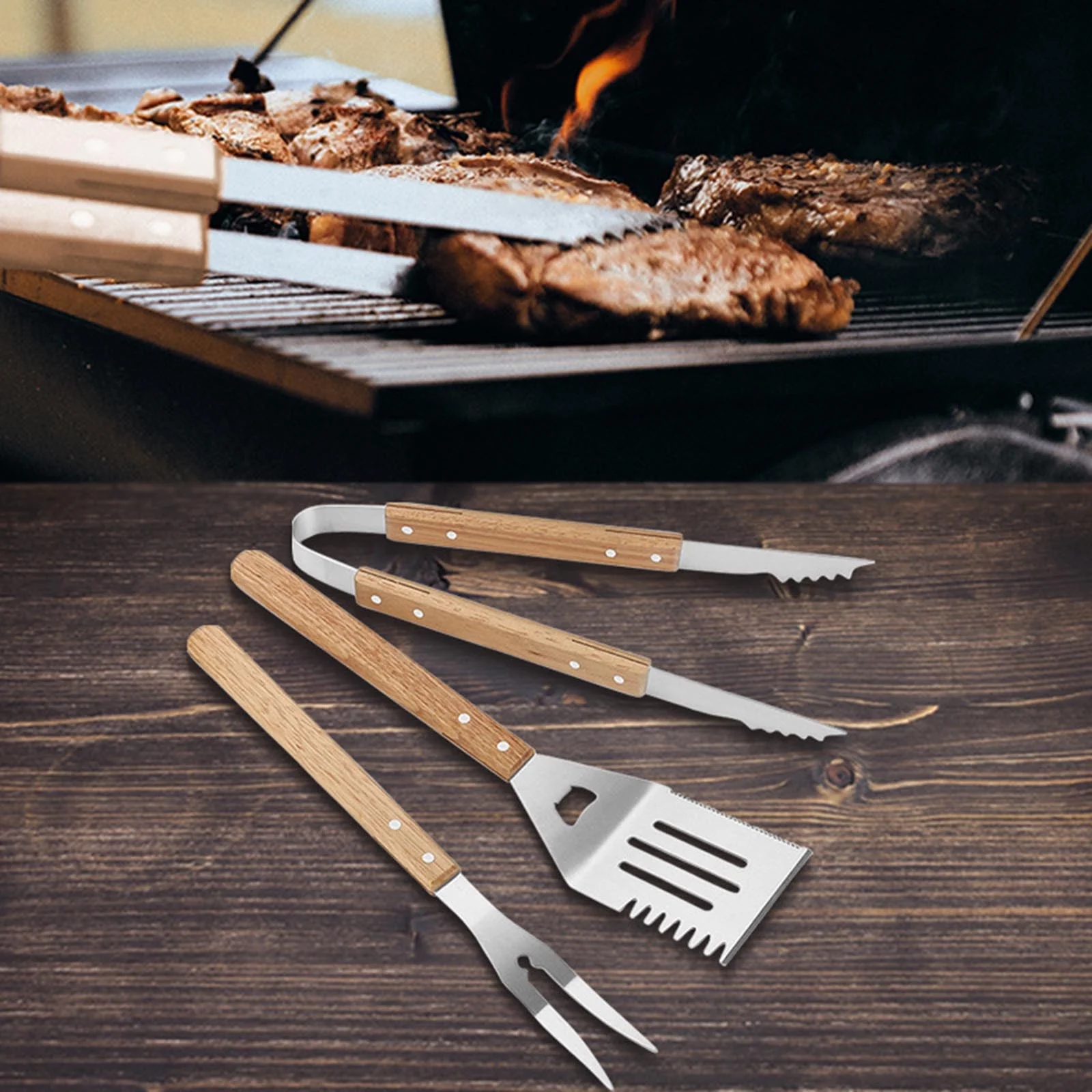 pdqouc Stainless Steel 3 PCS Set with Handle Grill Fork, Grill Spatula, Grill Clip, Outdoor Barbecue Supplies Grill Tools BBQ Accessories Kitchen Tool