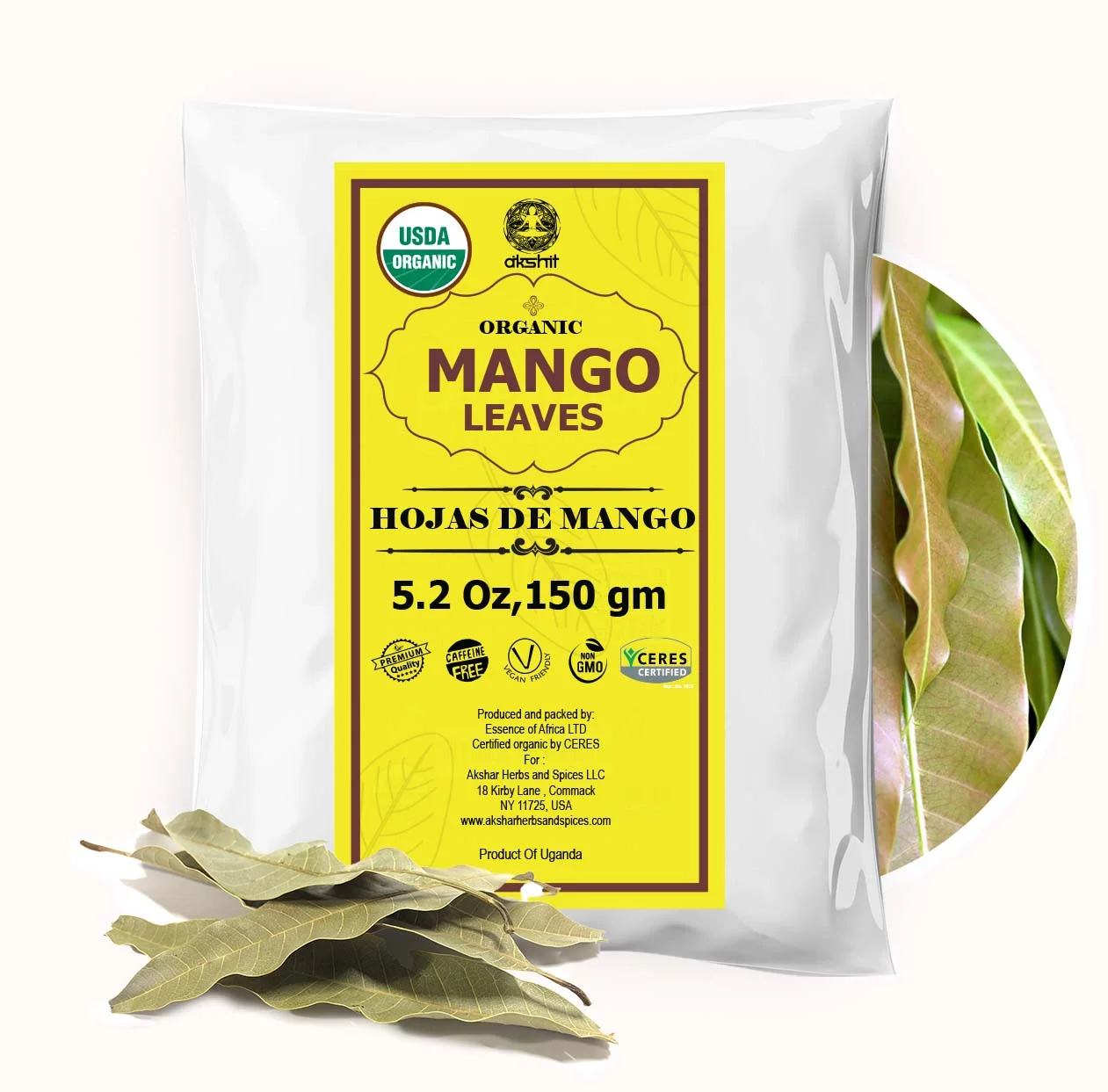 Akshit Organic Dried Mango Leaves, 5.2oz, Hojas De Mango, Mango Leaf Herbal Tea, Non GMO, Caffeine Free.