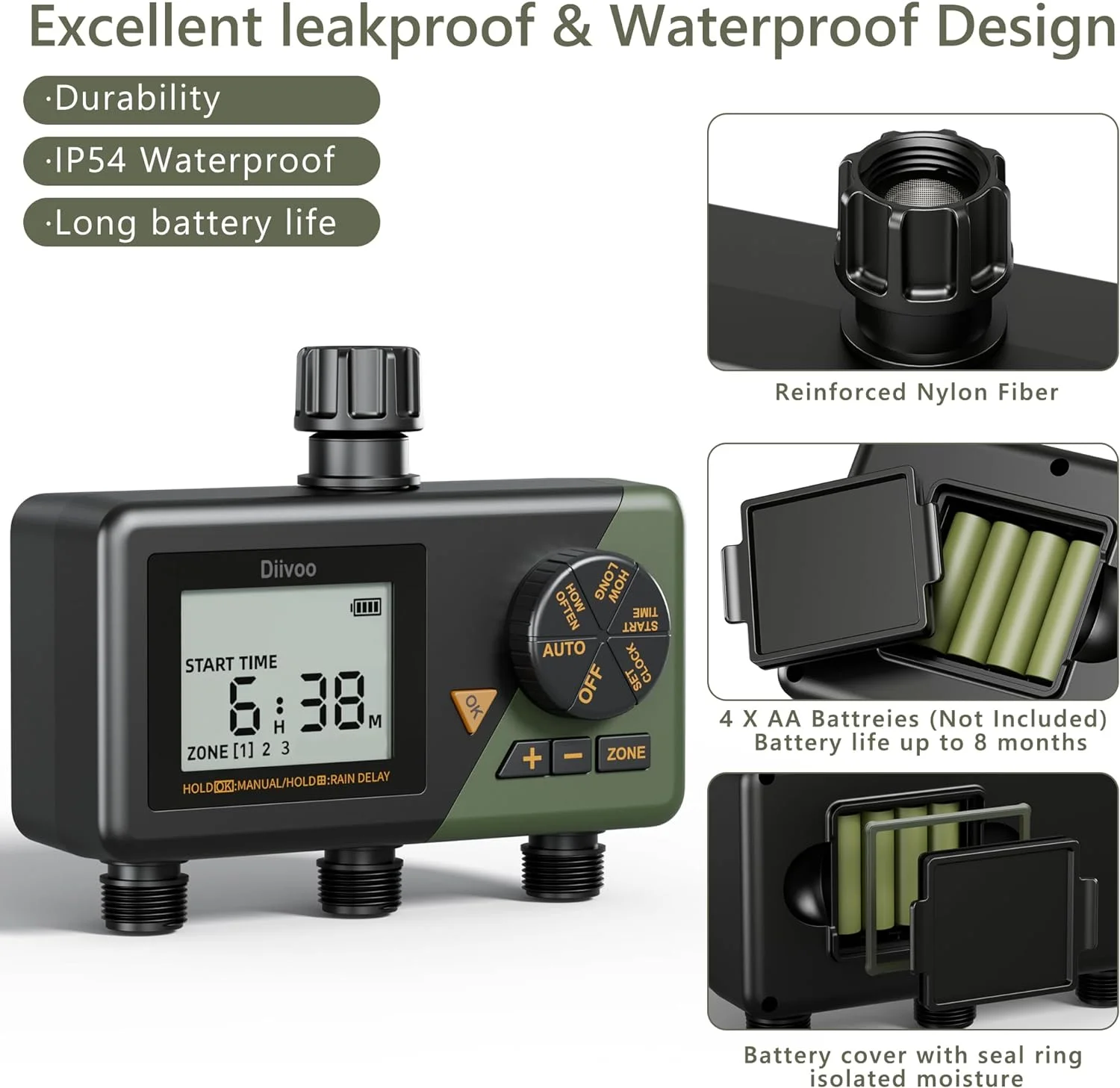 TLKJ Sprinkler Timer 2 Zone  Programmable Water Hose Timer 2 Outlet for Garden  Automatic Irrigation Timer IP54 with Rain Delay/Manual/Auto Mode  Outdoor Hose Timer Controller for Lawn  Y