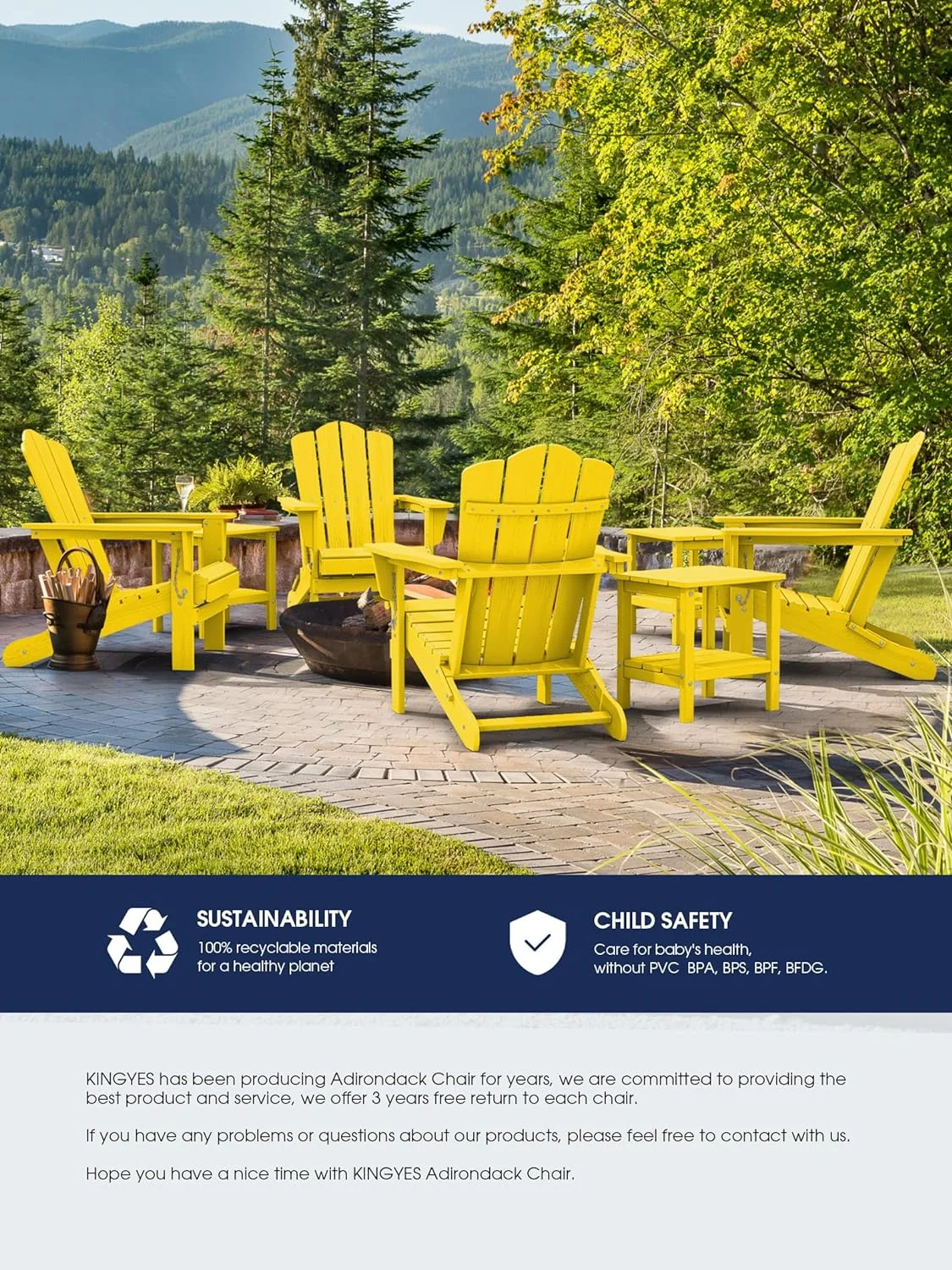 KINGYES Folding Adirondack Chair Set of 8, HDPE All-Weather Folding Adirondack Chair, Yellow