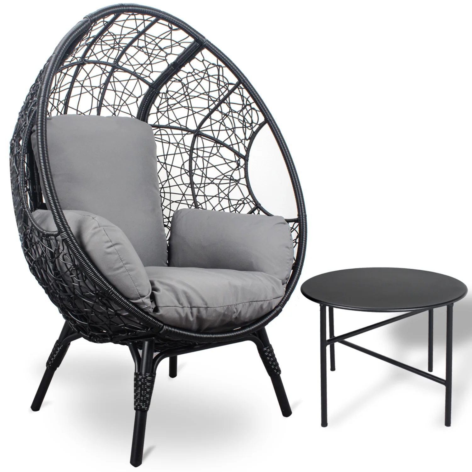 Elegant Black PE Wicker Patio Egg Chair Set with Grey Cushion and Matching Side Table - Model 3