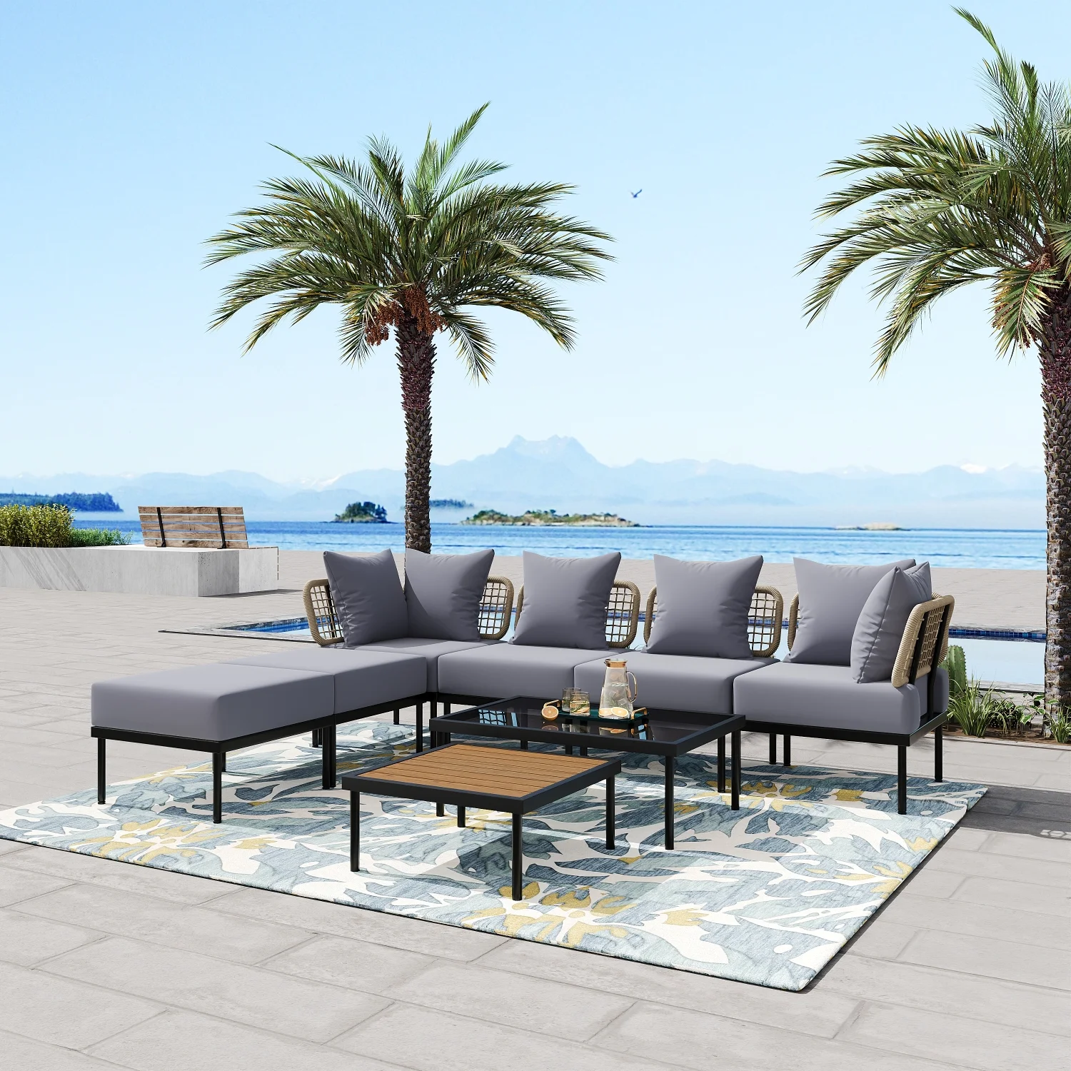 Ultimate Luxurious 8-Piece TREXM Patio Sectional Sofa Set with Stylish Wooden Coffee Table and Elegant Tempered Glass Coffee Table for Outdoor Oasis  Garden  Patio  and Poolside Living in
