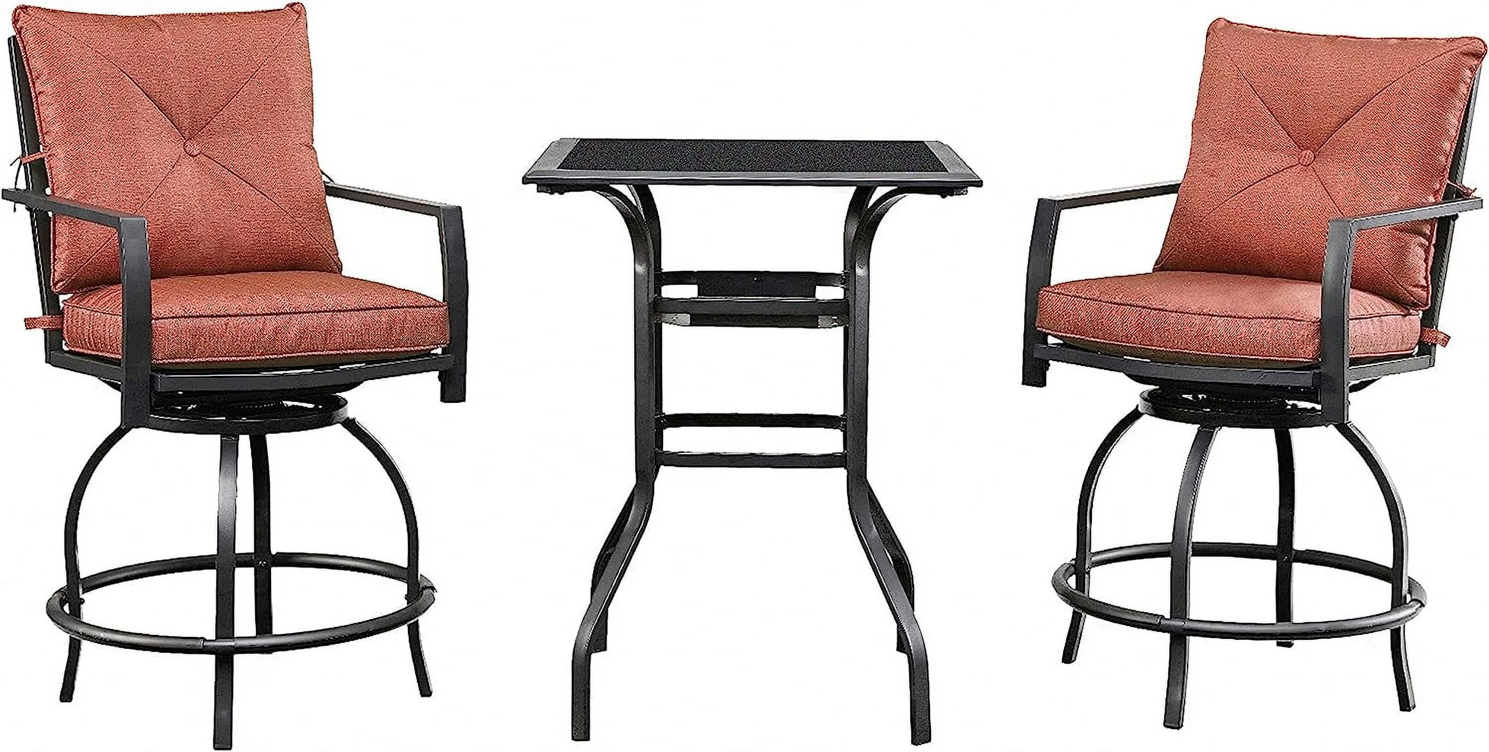 3 Piece Outdoor Patio Bistro Swivel Bar 2 Stools  1 Glass Top Table, Chair Set, Red