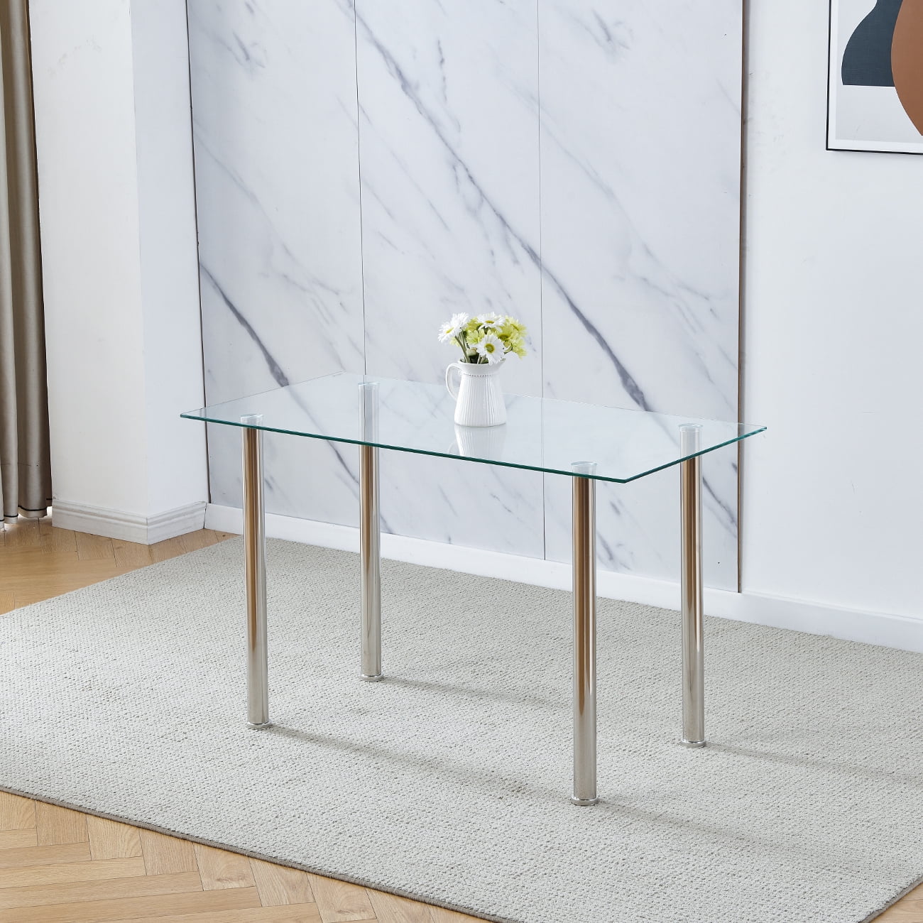 Rectangular Dining Table Space Saving Dining Room Home Furniture Clear Transparent Glass Stainless Steel Metal Legs for 4-6 People