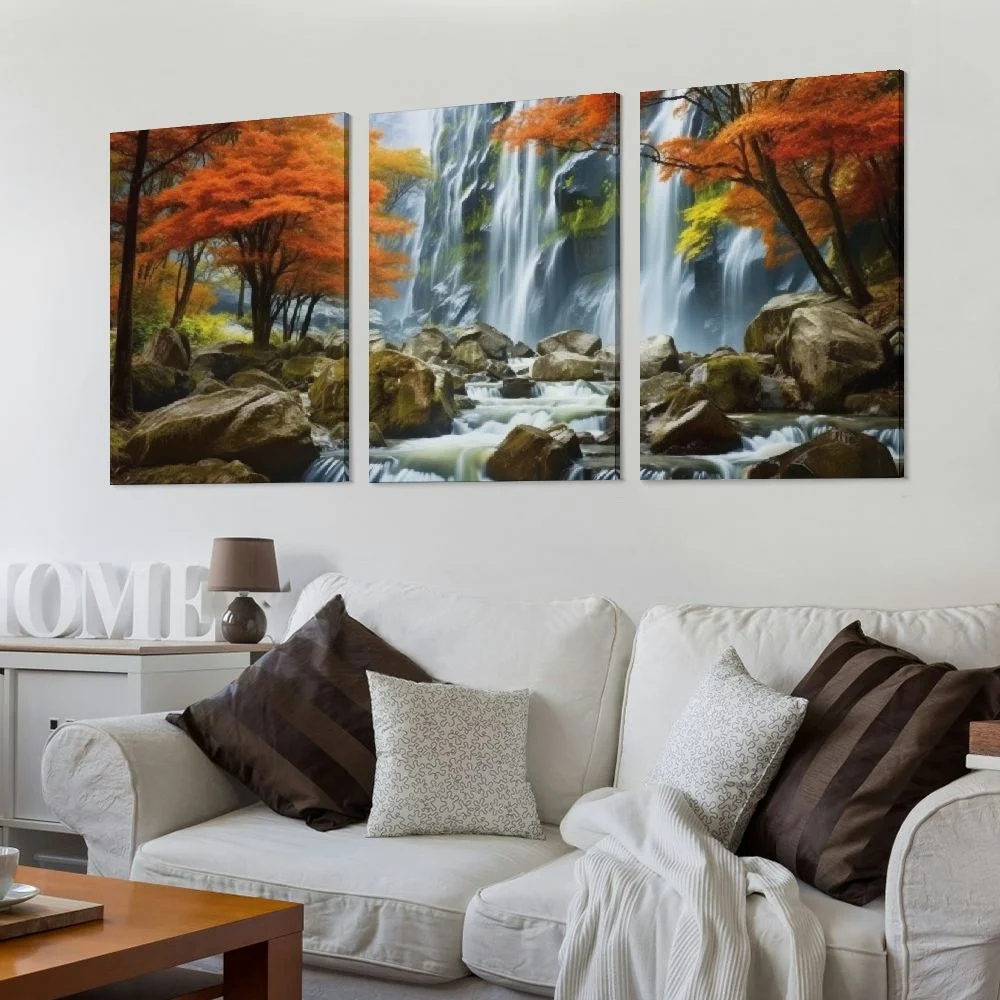 HOMICOZI Autumn Forest Canvas Wall Art Waterfall Art Prints Artwork Nature Wall Decor Framed Pictures for Living Room12''x16''X3 Panels