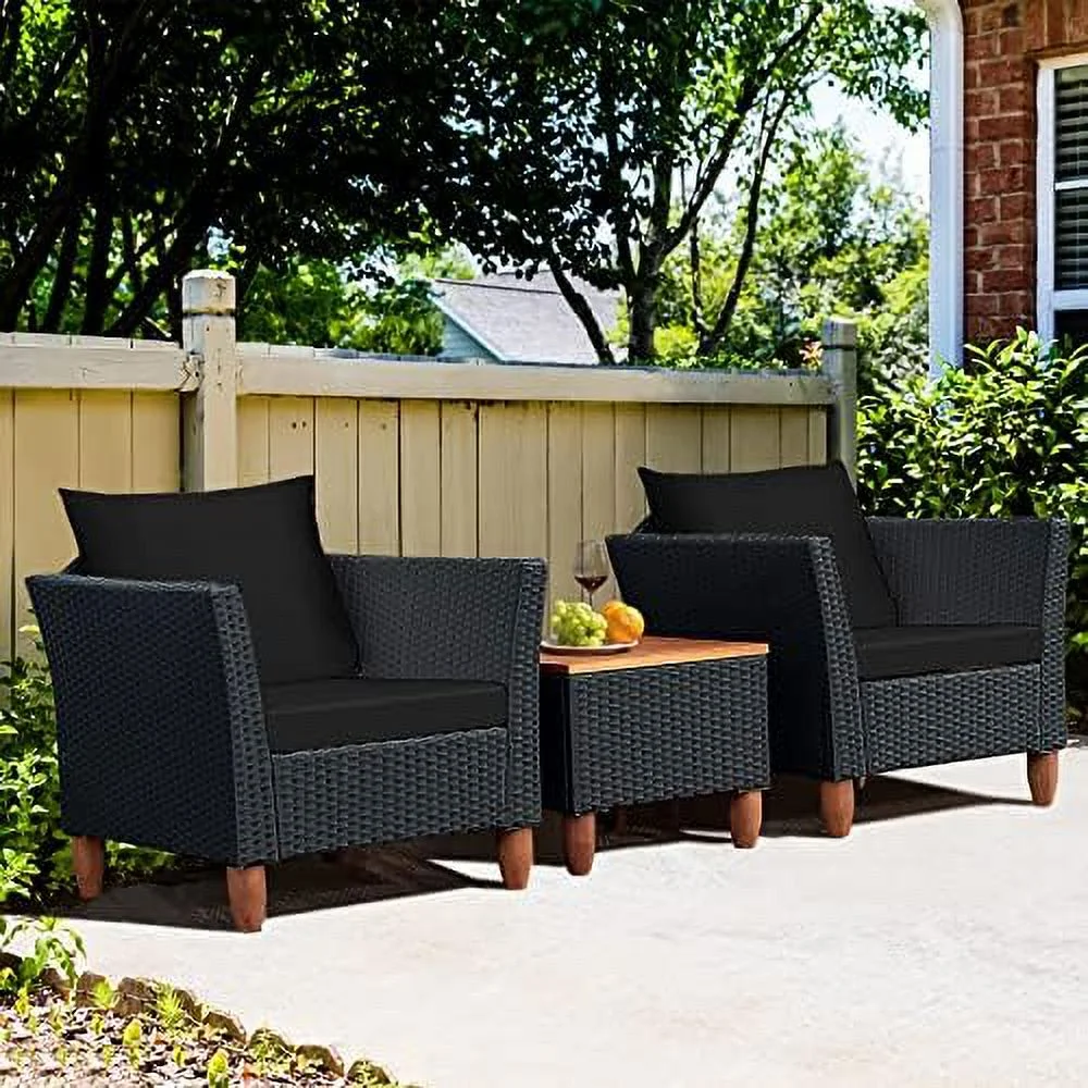 3 Pieces Patio Conversation Set PE Rattan Wicker Sofa Set with Cushions  Outdoor  Set with Acacia Wood Coffee Table for Balcony Backyard Porch Garden